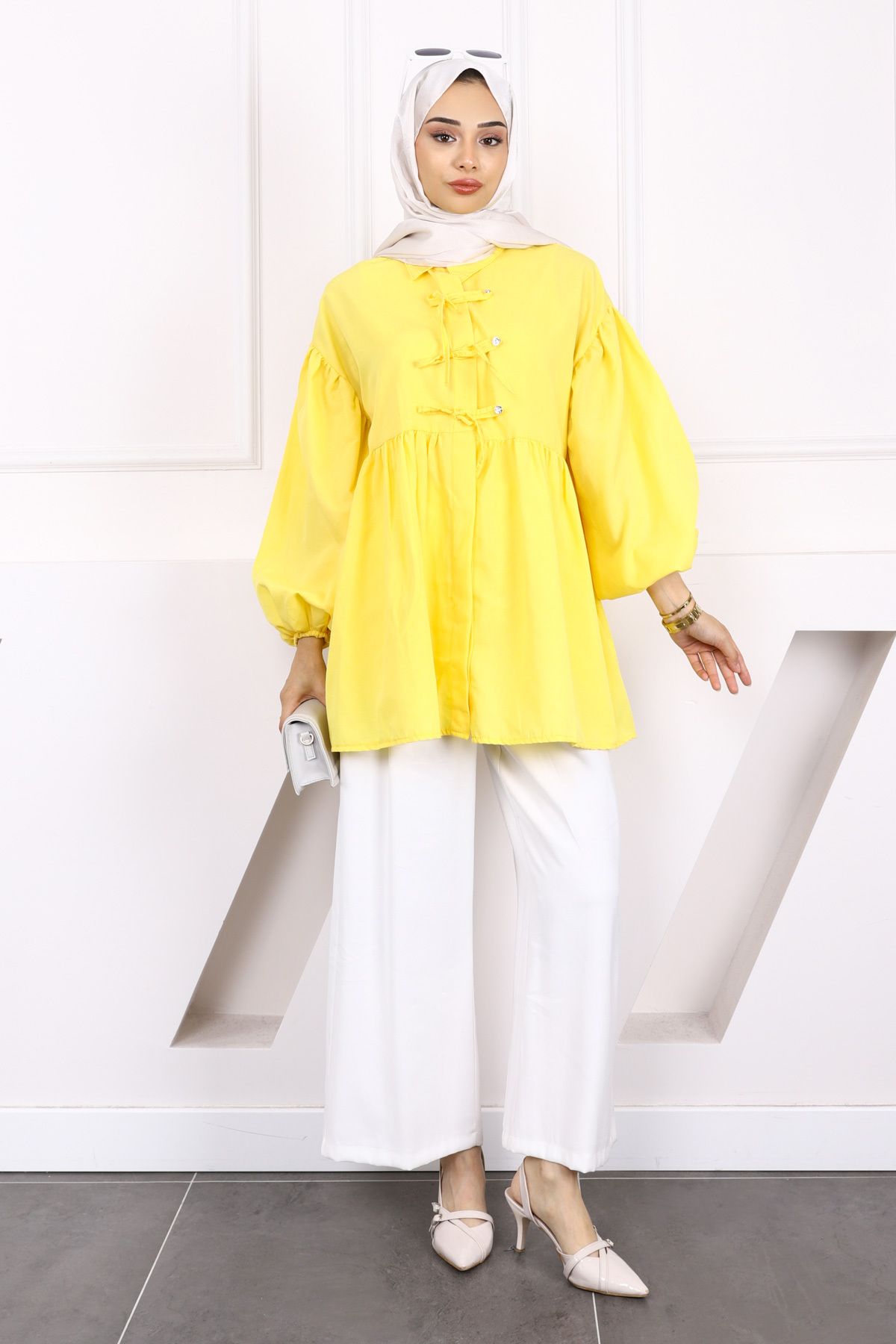 İmajButik-Dark Yellow Sleeve Elastic Front Buttoned Tunic 2