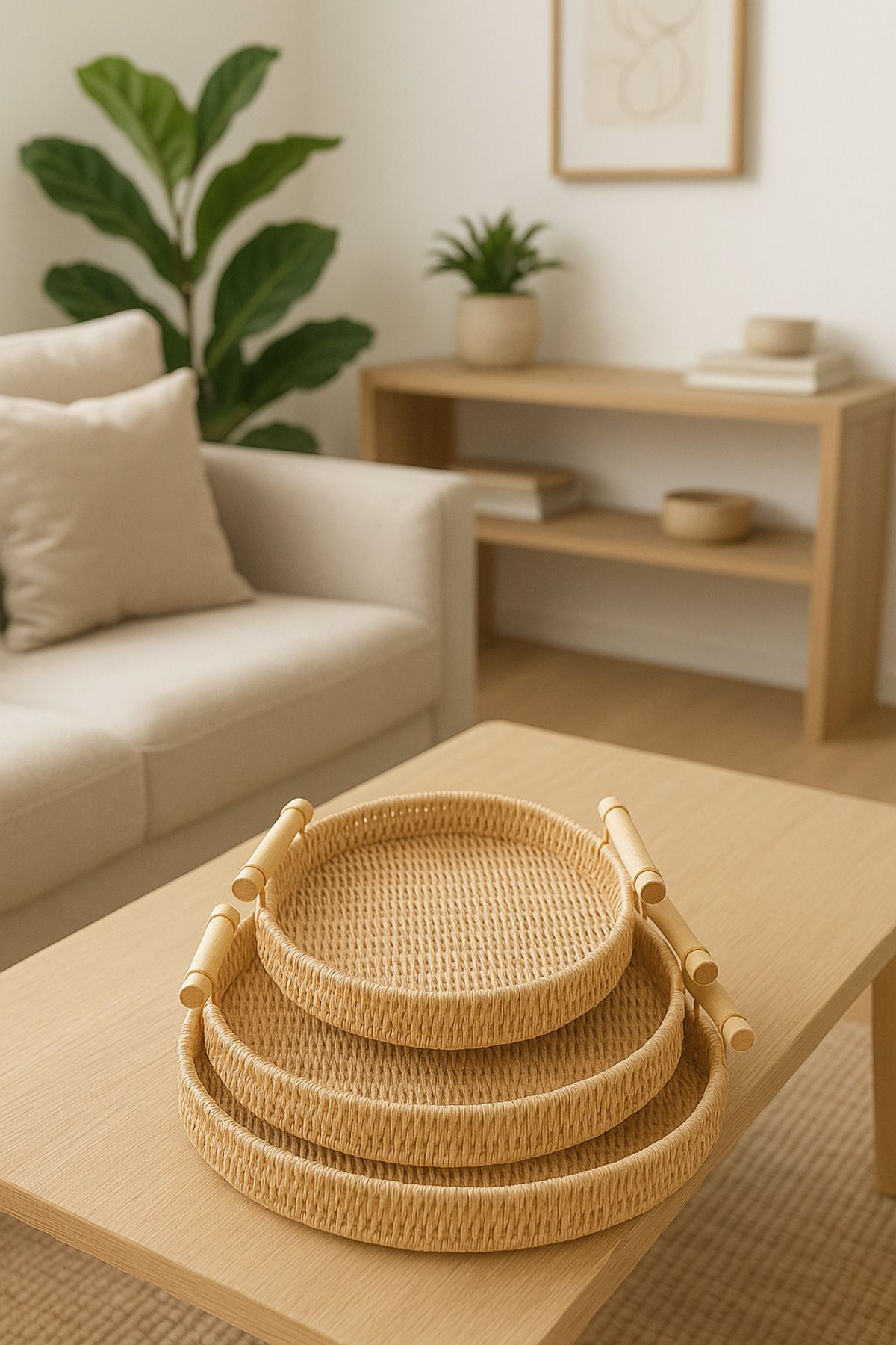 Fhilli-Natura - Set of 3 Round Rattan Wicker Serving and Presentation Tray Set Decorative Tray with Wooden Handle 3