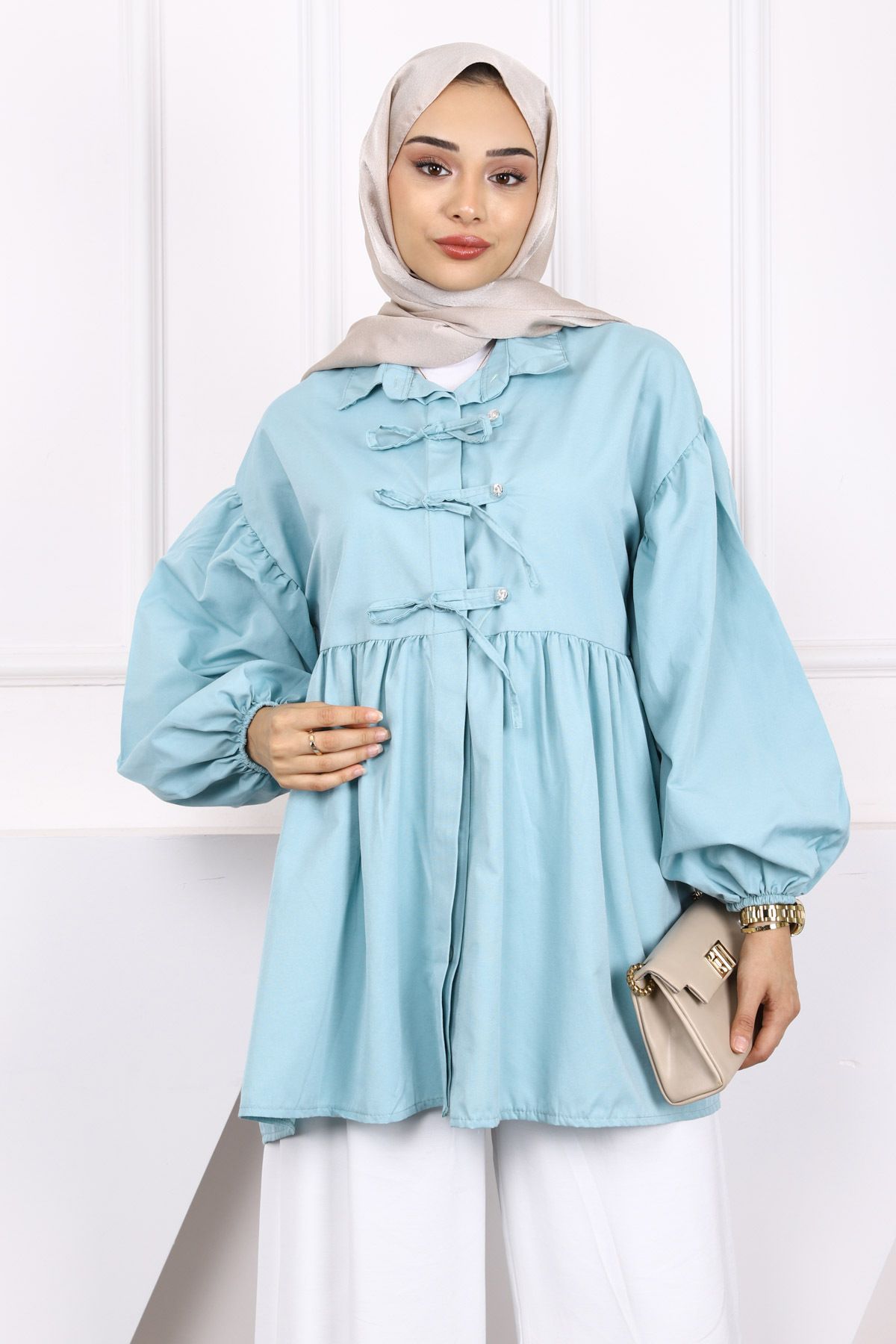 İmajButik-Mint Green Sleeve Elastic Front Buttoned Tunic 3