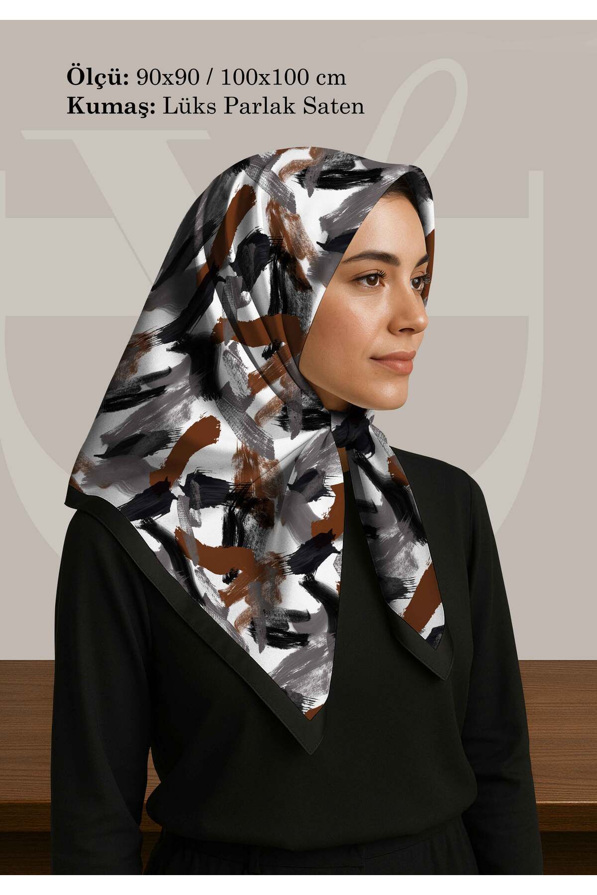 DESENİX-Brush Print Patterned Scarf |   4 Color Options |   90X90 - 100X100Cm |   Shiny Satin 1