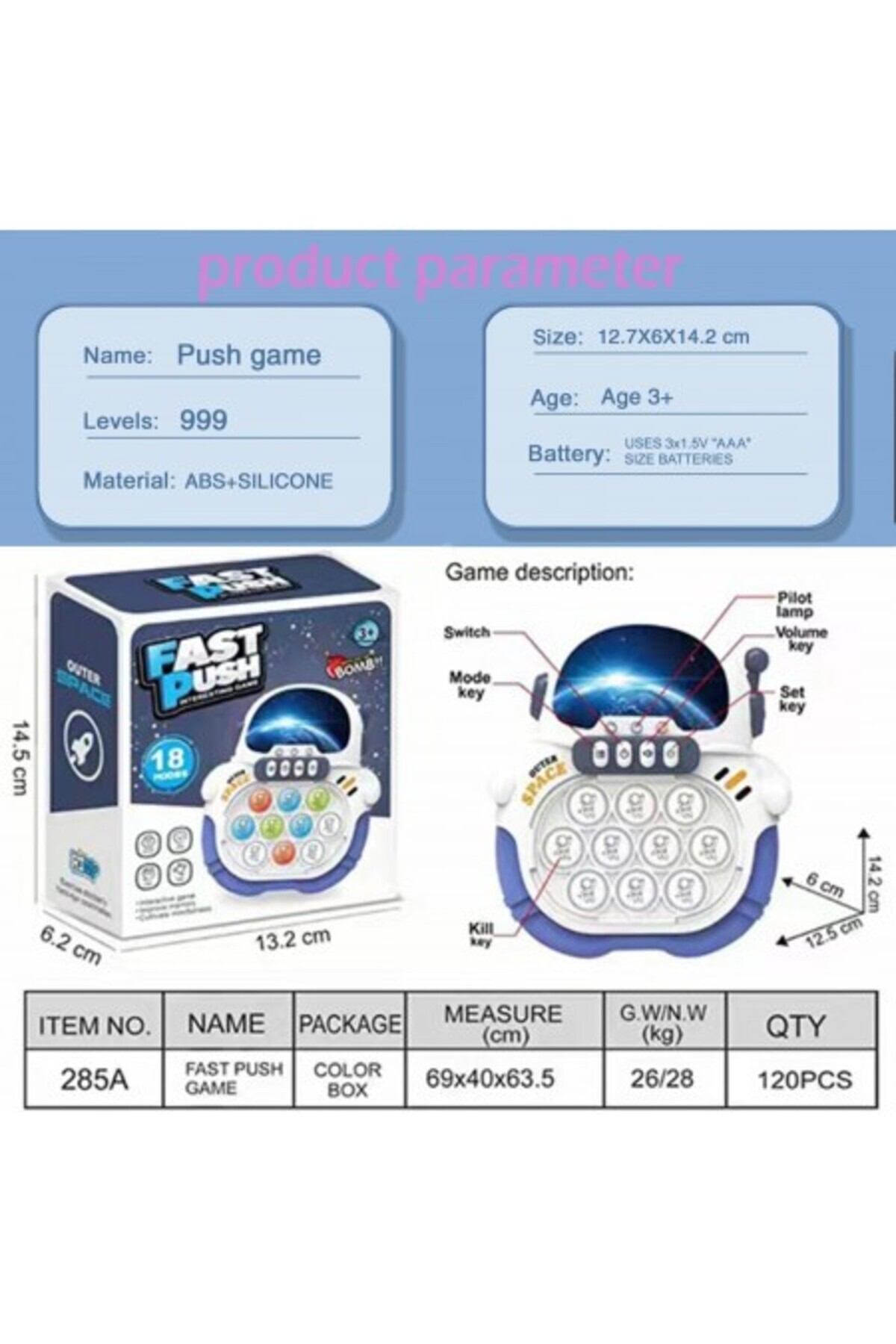 Kardett-Pop It Toy, Astronaut Electronic Fidget Console, 3 Color LED Lights, 7 Game Modes, 999 Levels 6