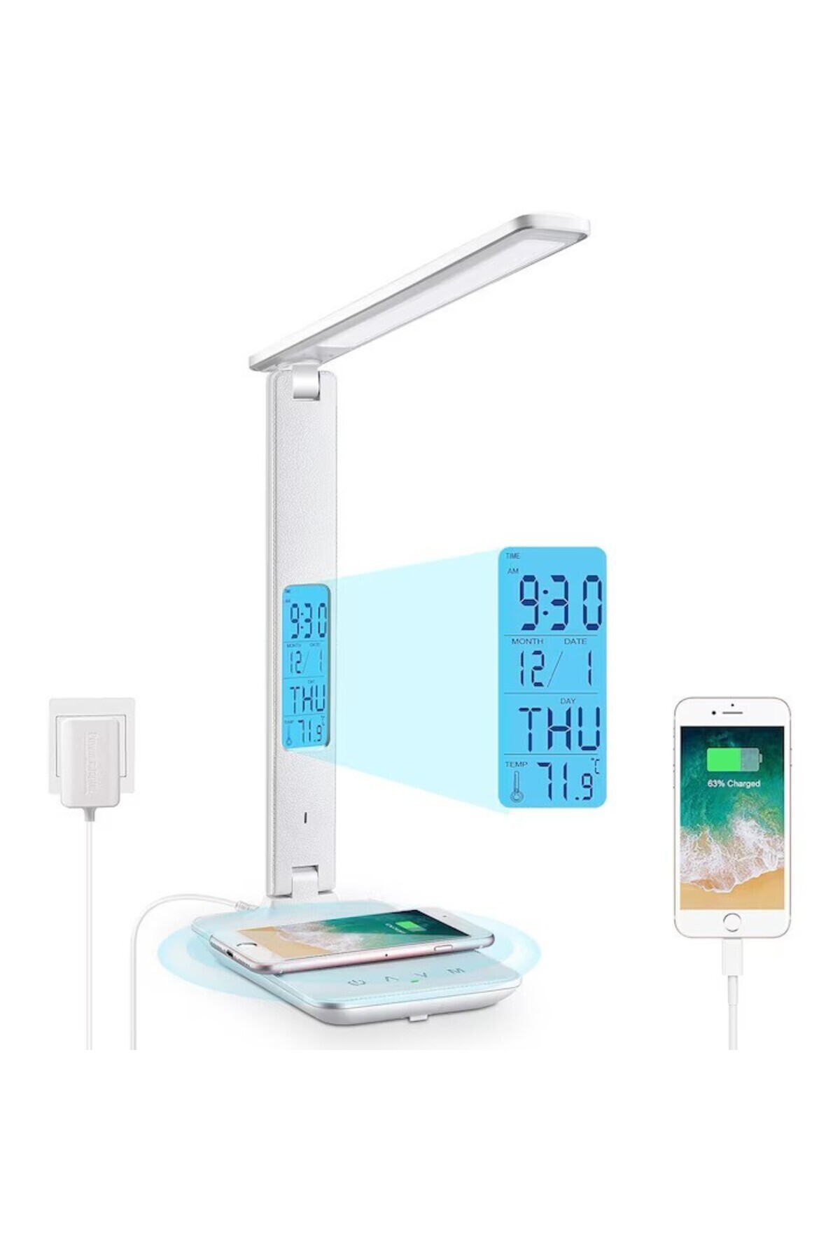 Kardett-LED desk lamp with wireless charging, USB port, clock, alarm, thermometer, touch control, 5 levels 1