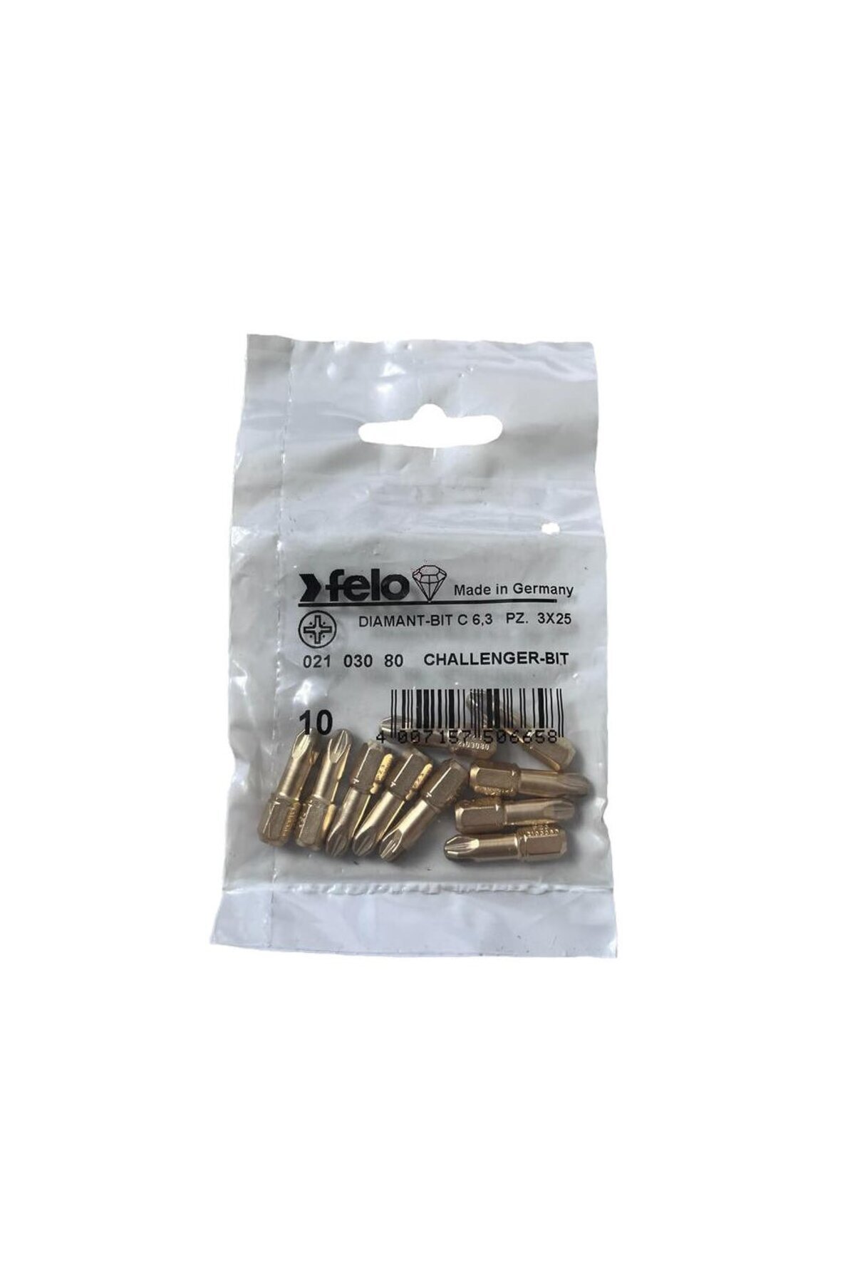 FELO-Set of 10 Felo bits, Pozidrive profile diamond series, C6.3, PZ3, 25mm 1