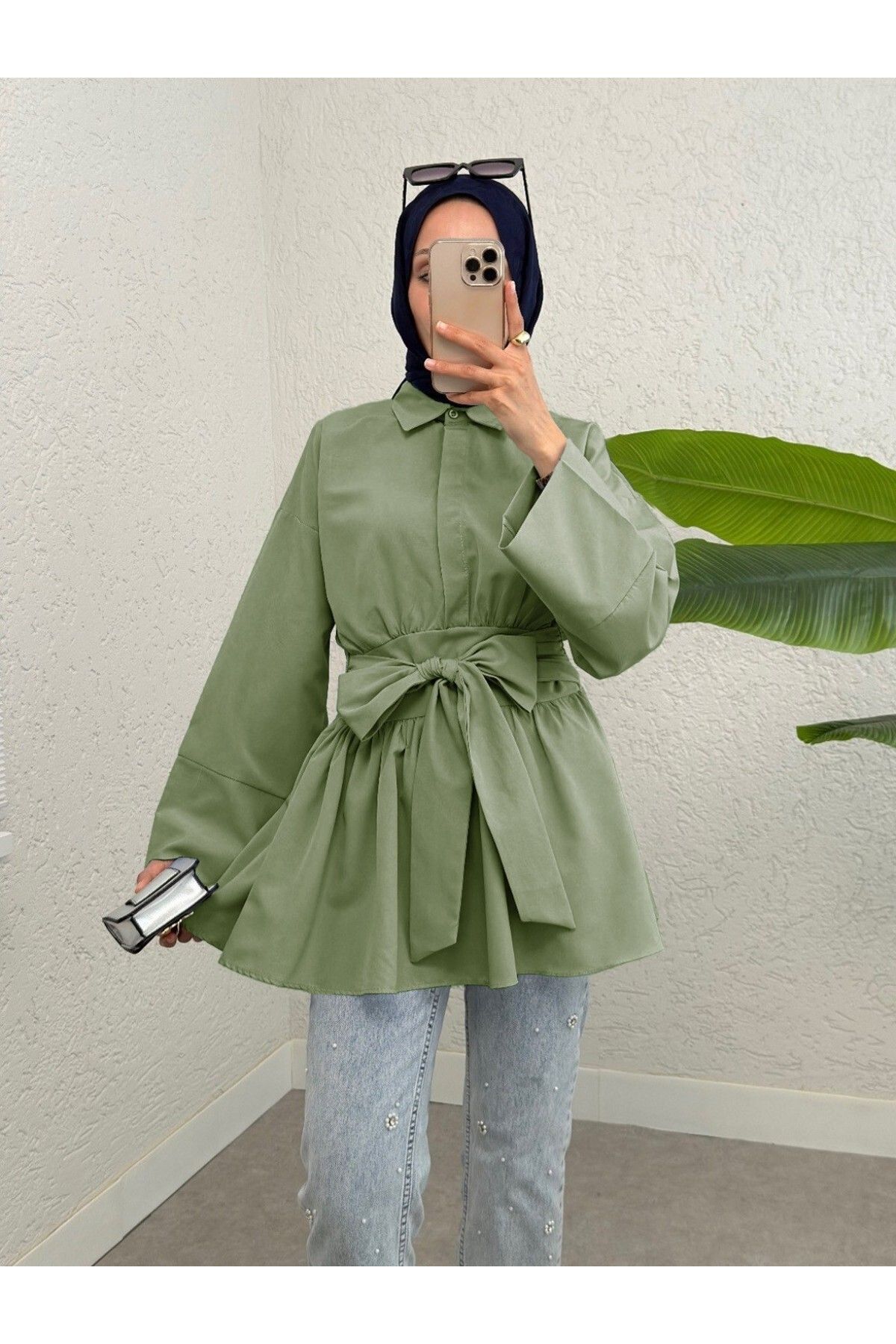 Modamorfo-Half Button Tunic with Tie Waist and Side Zipper -Çağla Y. 1