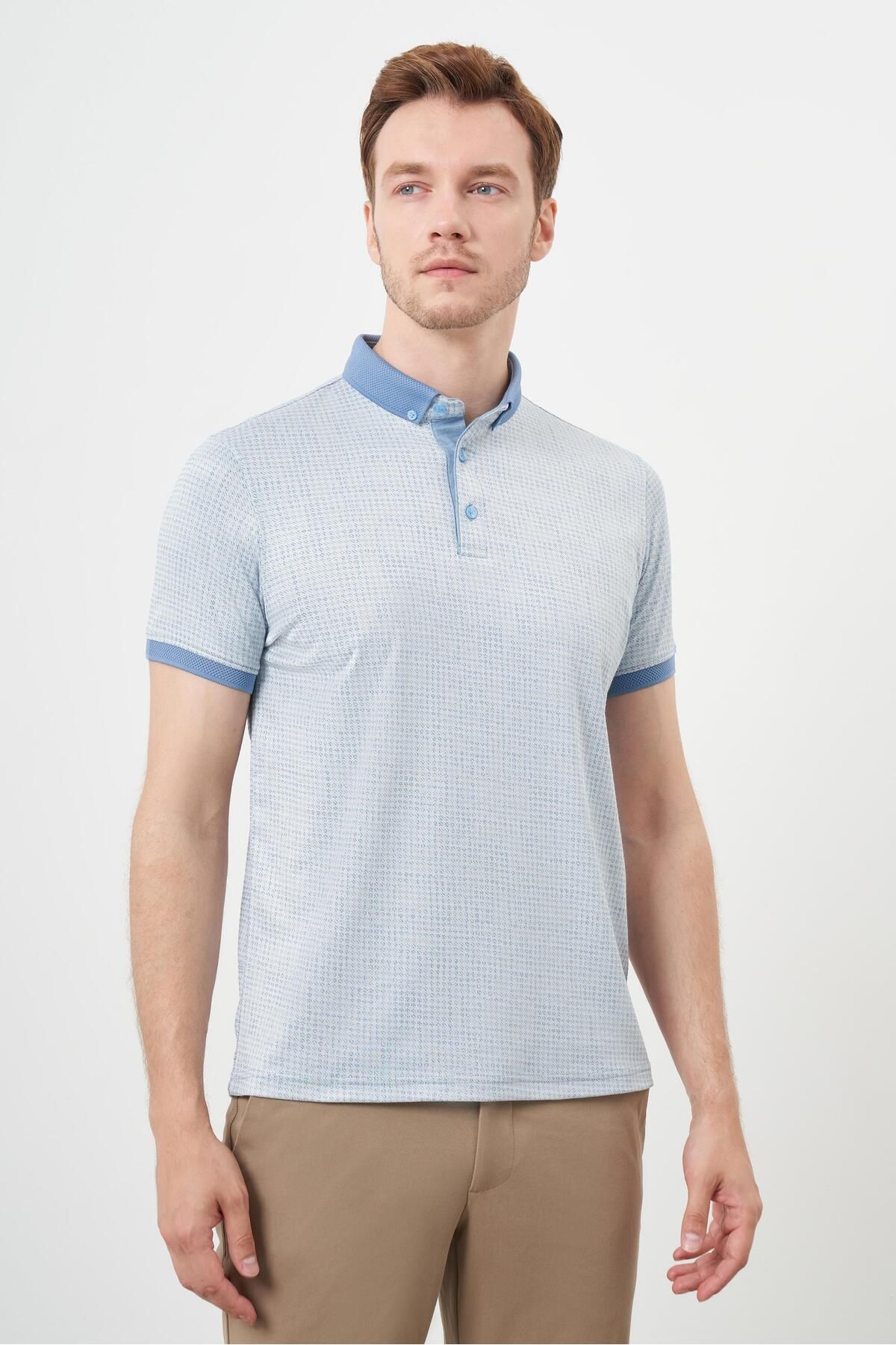 Morven-Men's A. Blue Trend Mercerized Jacquard Pattern Button-Down Collar Dynamic Fit T-Shirt 3