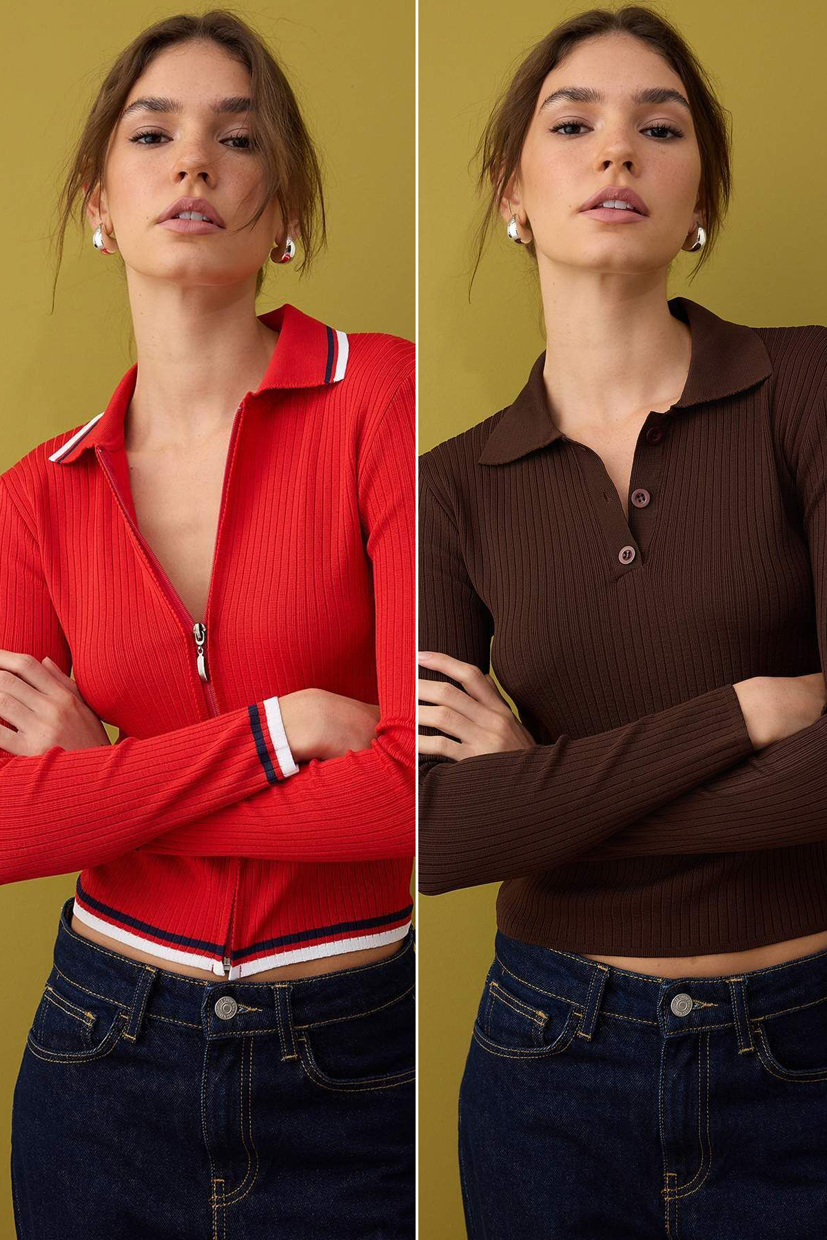 Trendyolmilla  Kahverengi-Kırmızı 2'li Basic Kısa/Crop İkili Paket Triko Hırka-Kazak TWOAW26KZ00116