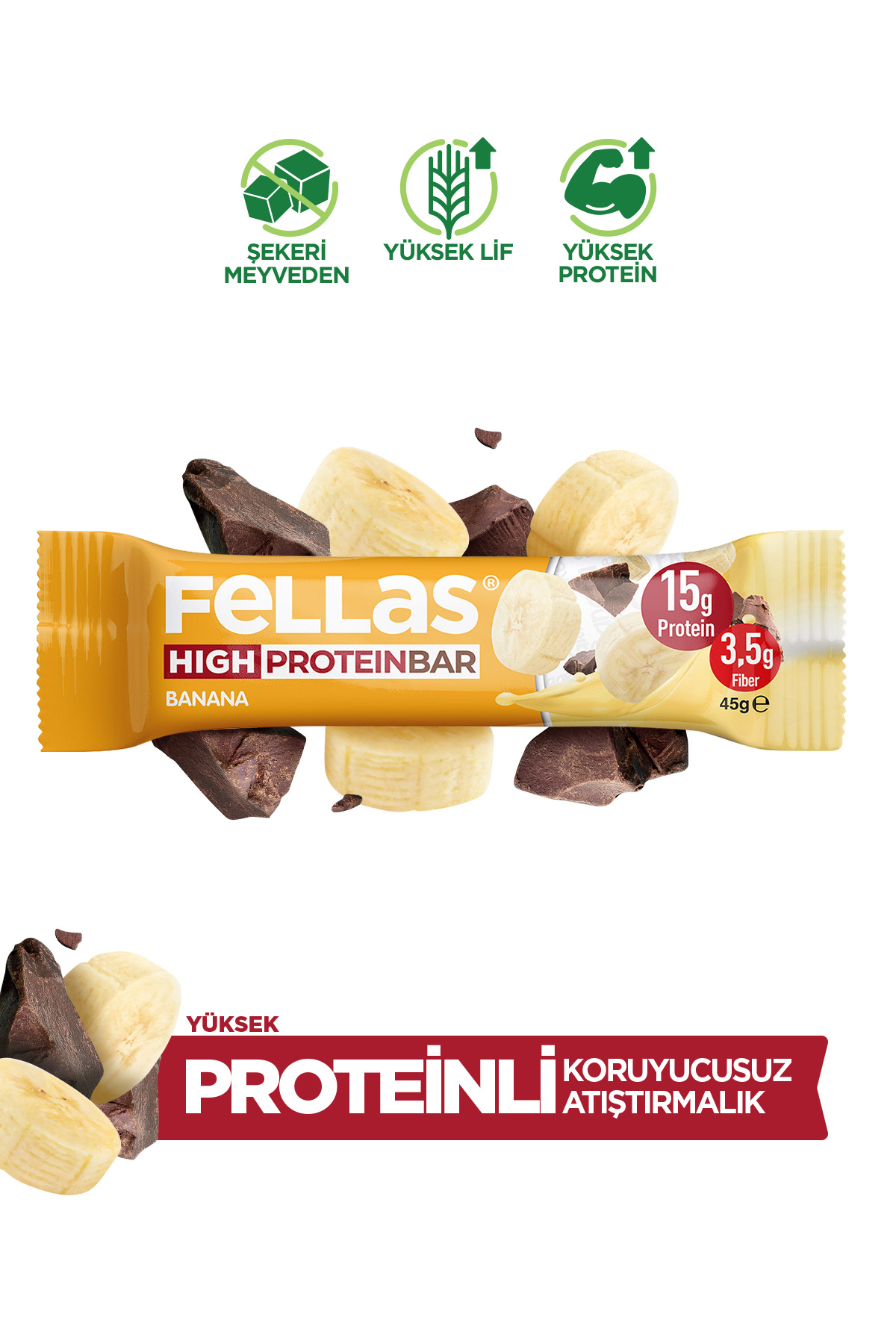 Fellas Yüksek Protein Bar - Muzlu 45g X 12 Adet