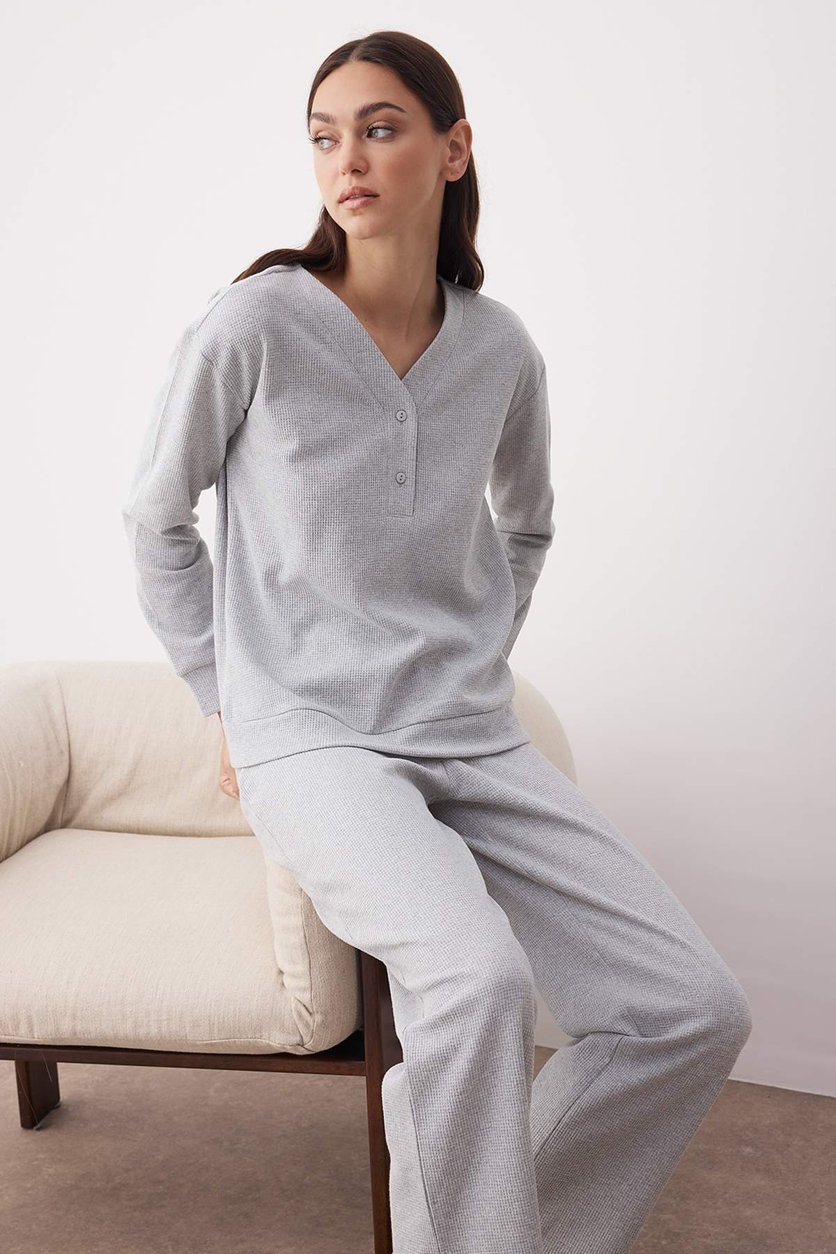 Trendyol Collection Gray Melange Button Waffle Fabric Knitted Pajama Set Thmaw26Pt00000