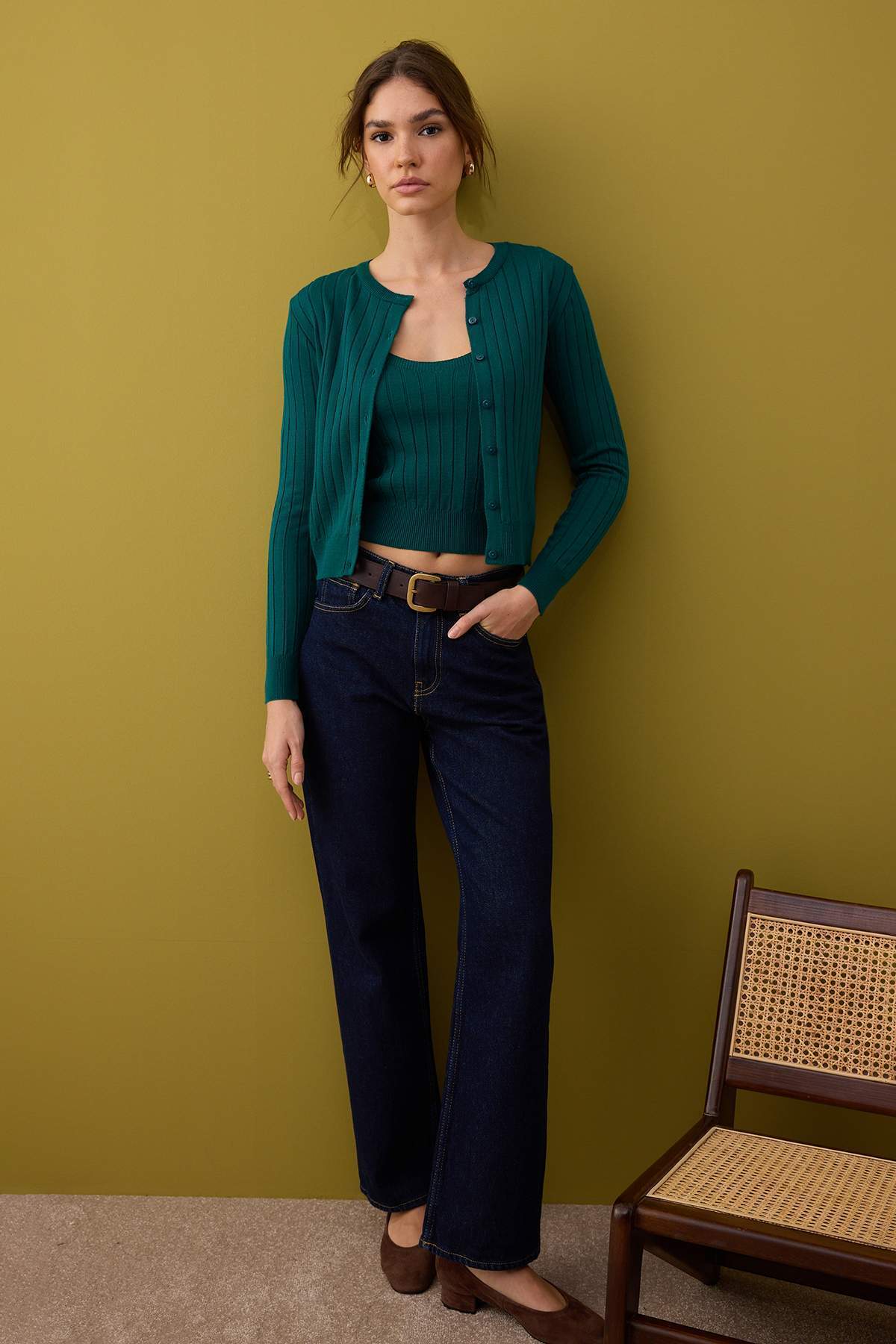 Trendyolmilla  Koyu Yeşil 2'li Basic Triko Hırka-Bluz Takım TWOAW26HI00213