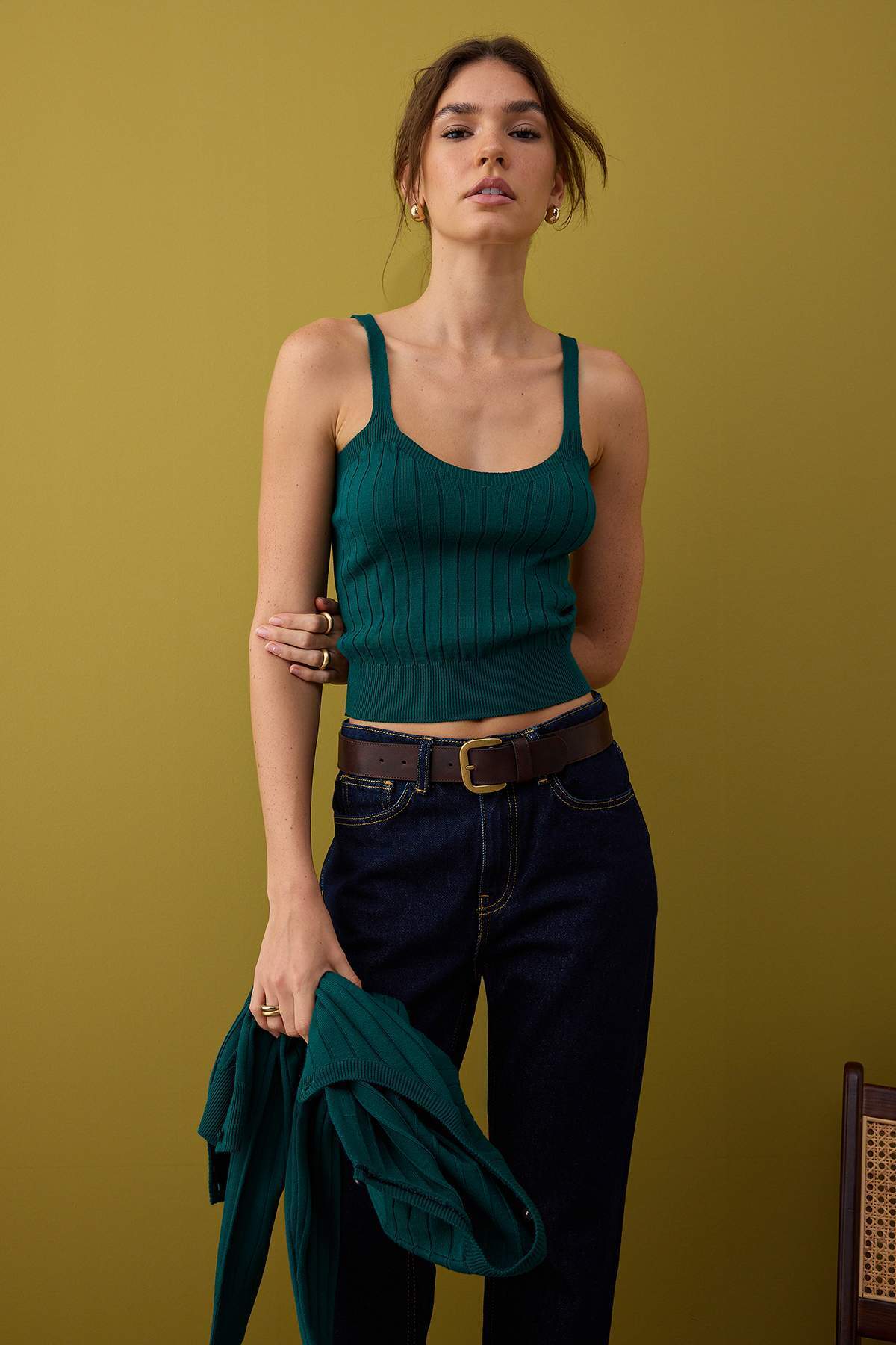 Trendyolmilla  Koyu Yeşil 2'li Basic Triko Hırka-Bluz Takım TWOAW26HI00213 - Görsel 2