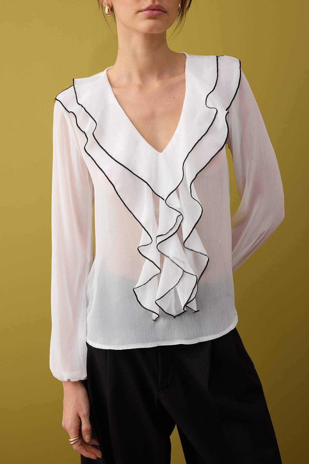 Trendyol Collection-Ecru Contrast Piping Boho Υφαντή Μπλούζα TWOAW26BZ00144 3