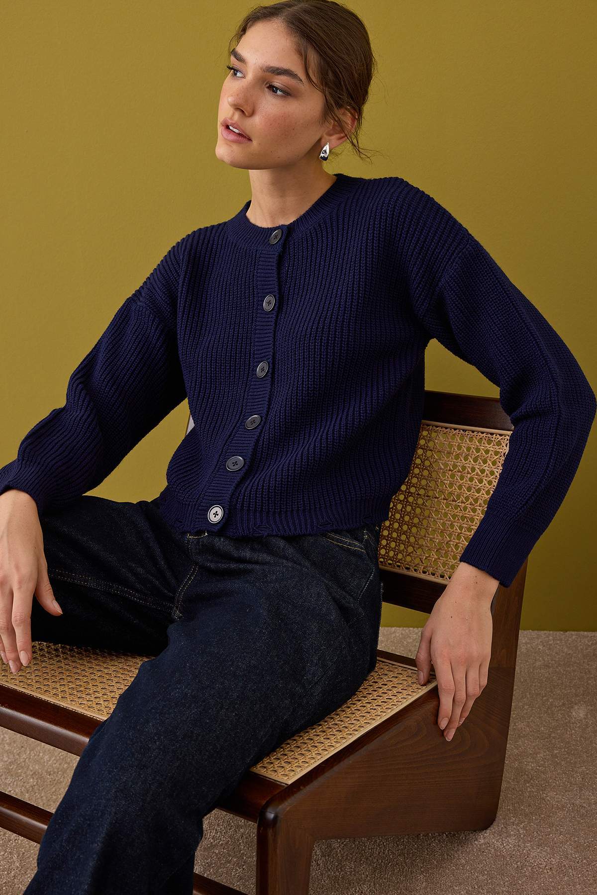 Trendyolmilla  Lacivert Bisiklet Yaka Selanik Triko Hırka TWOAW26HI00123 - Görsel 2