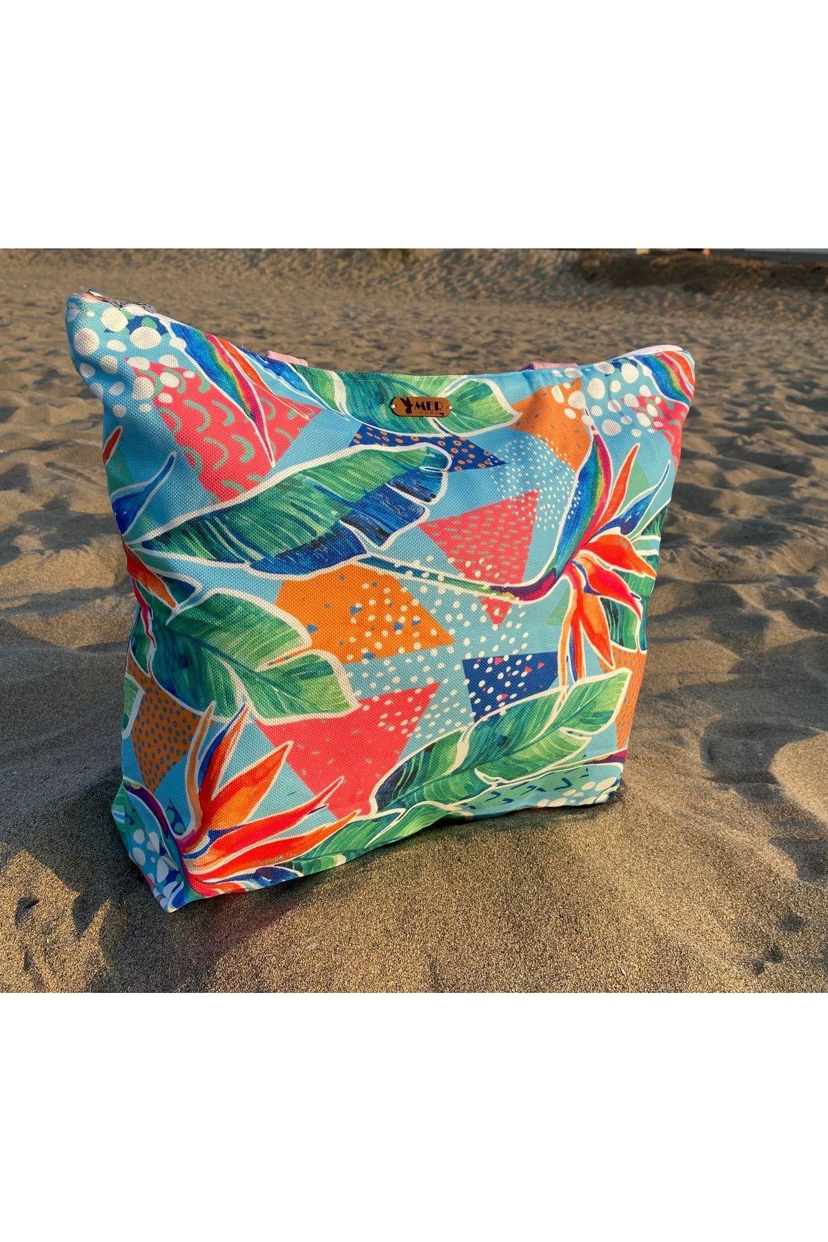 MER HOME-Leaf Abstract Patterned Zippered Lined Beach Bag Casual Shoulder Bag 7