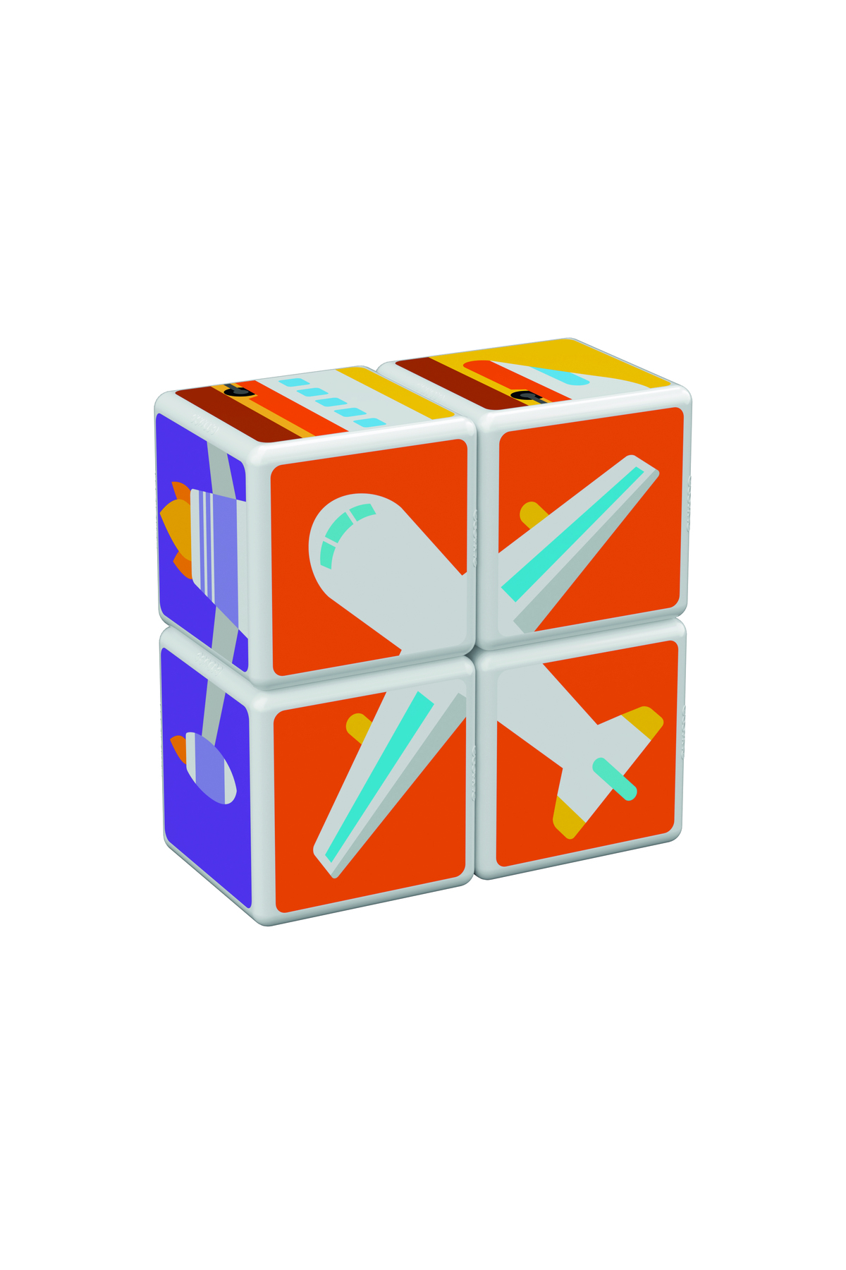 مکعب حمل‌ونقل چاپ‌شده مجیکوب همراه با مکعب‌های مغناطیسی و کارت‌ها، ۷ تکه