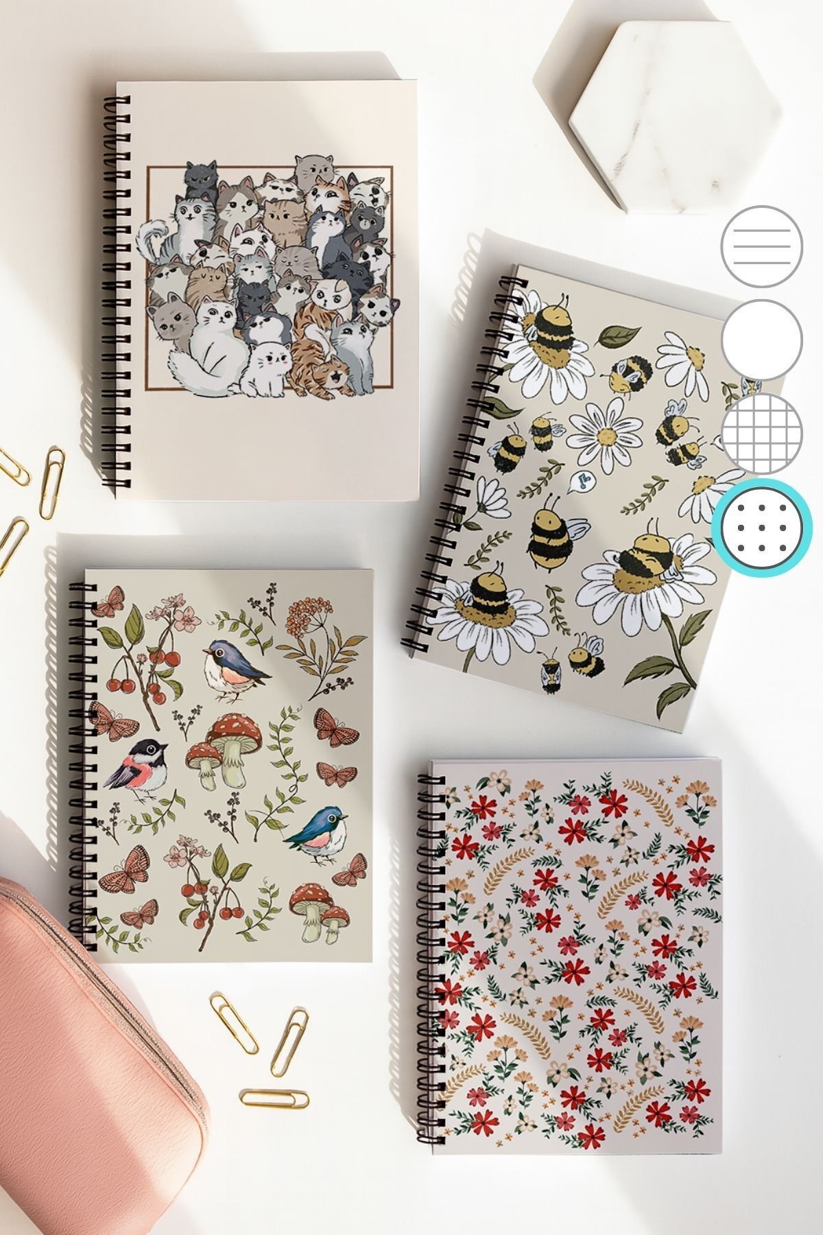 Eldesen Tasarım-School Notebook Set with Spiral Dots, A5 Size 50 Sheets 100 Sheets Set of 4, Animal Set 1