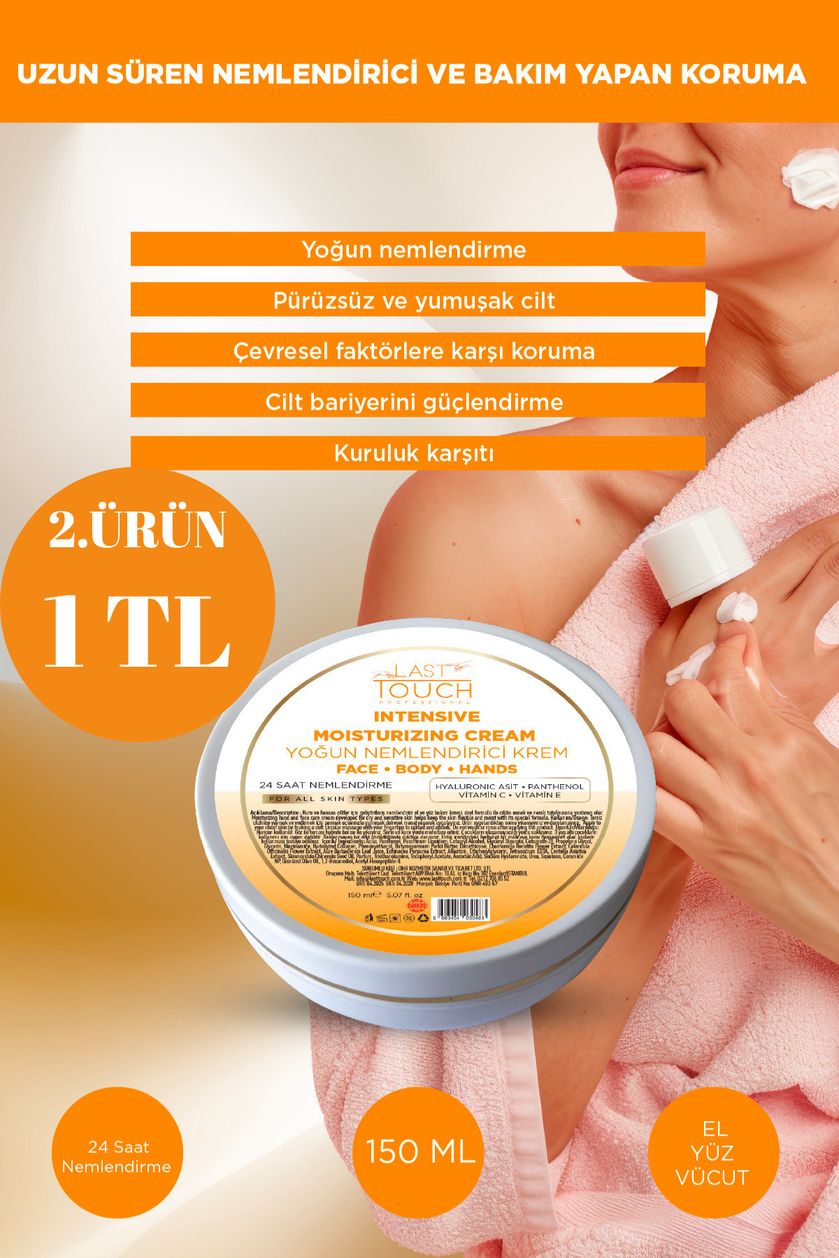 LAST TOUCH Doğal ve Organik İçerikli Yoğun Nemlendirici Bakım Kremi ( El, Yüz ve Vücut İçin ) 150 ML