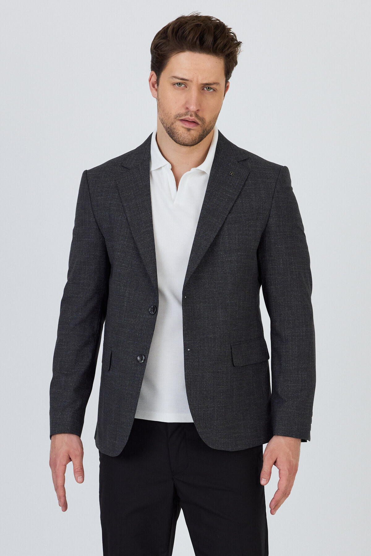 Frappoli  Tadic Erkek Siyah Desenli Esneyen Kumaş Slim Fit Kapak Cepli Yarım Astar 4 Mevsim Blazer Ceket - Görsel 4