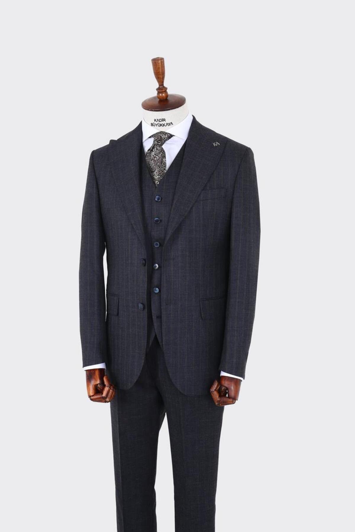 Şık ve Rahat Slim Fit Yelekli Erkek Takım Elbise - Modern Kesim Dört Mevsim-KAV1071W — سرمه‌ای KB-KAV1071W — تصویر 3 از 7