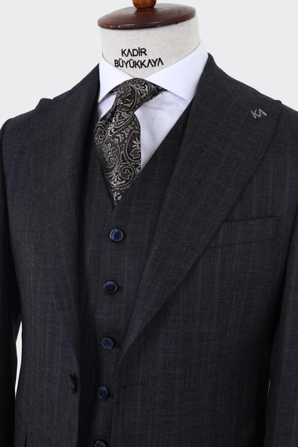 Şık ve Rahat Slim Fit Yelekli Erkek Takım Elbise - Modern Kesim Dört Mevsim-KAV1071W — سرمه‌ای KB-KAV1071W — تصویر 5 از 7