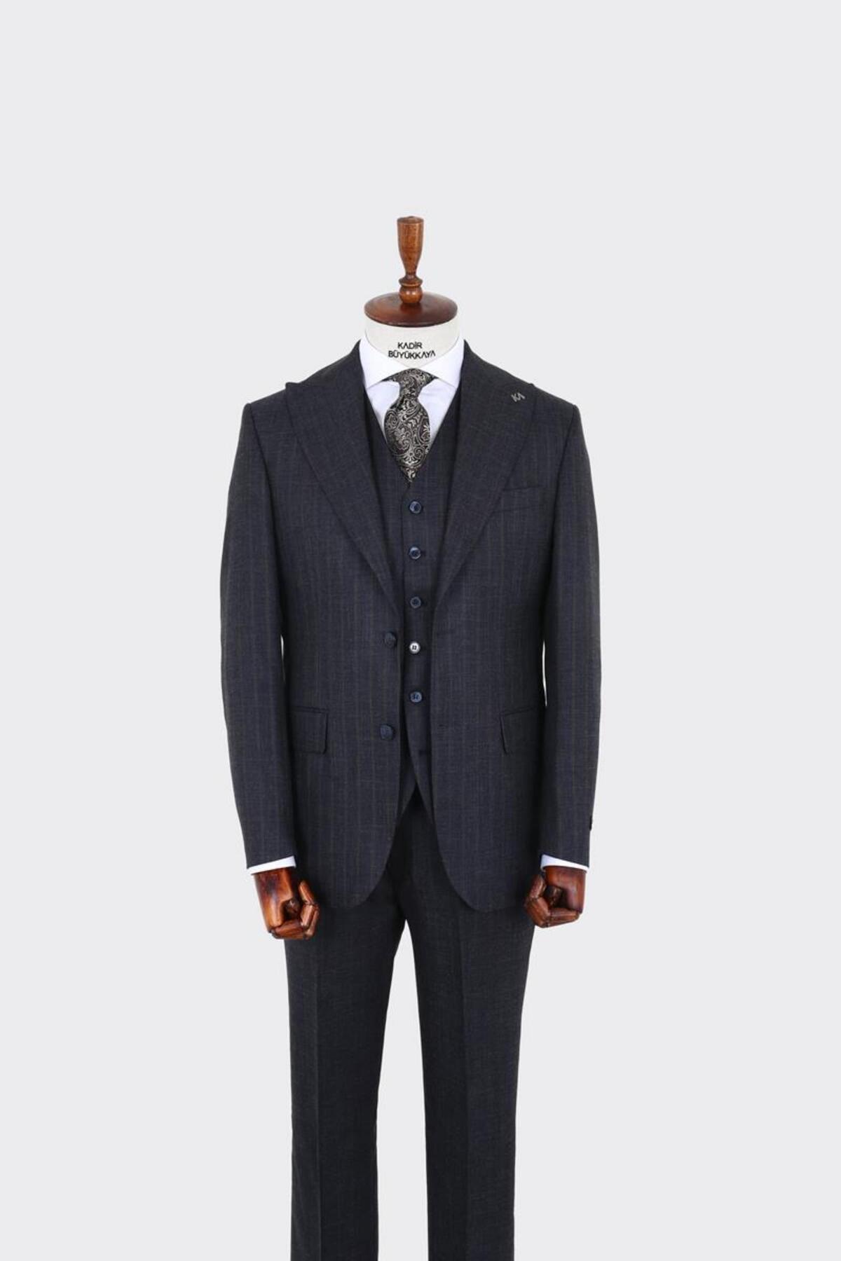Şık ve Rahat Slim Fit Yelekli Erkek Takım Elbise - Modern Kesim Dört Mevsim-KAV1071W — سرمه‌ای KB-KAV1071W