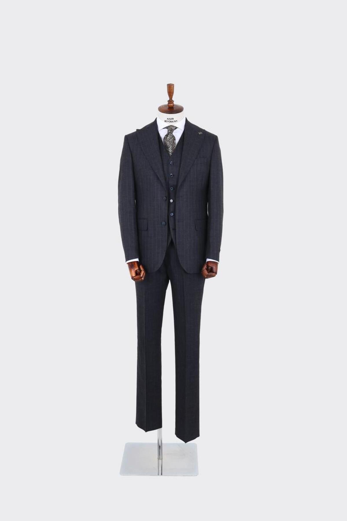 Şık ve Rahat Slim Fit Yelekli Erkek Takım Elbise - Modern Kesim Dört Mevsim-KAV1071W — سرمه‌ای KB-KAV1071W — تصویر 4 از 7