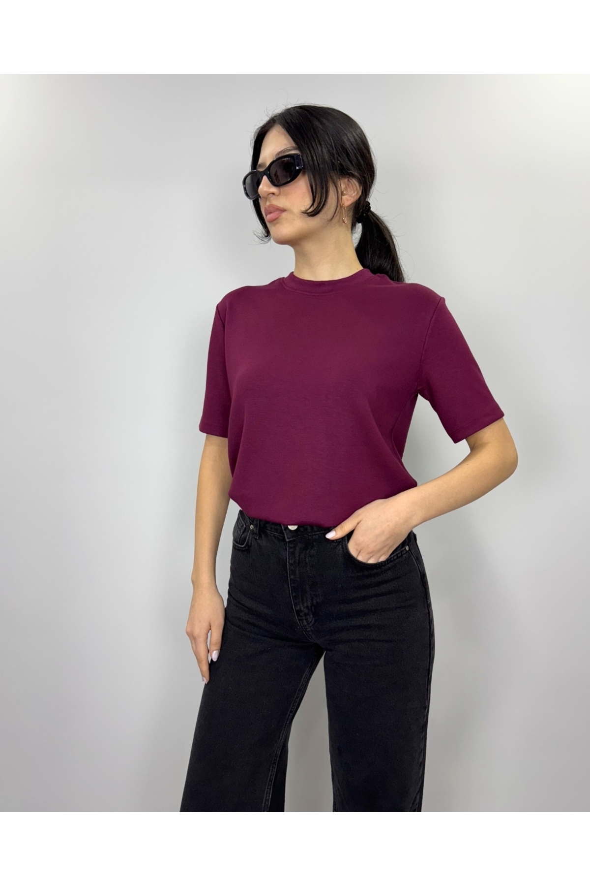 Kadın Bordo Bisiklet Yaka Modal Basic Tişört