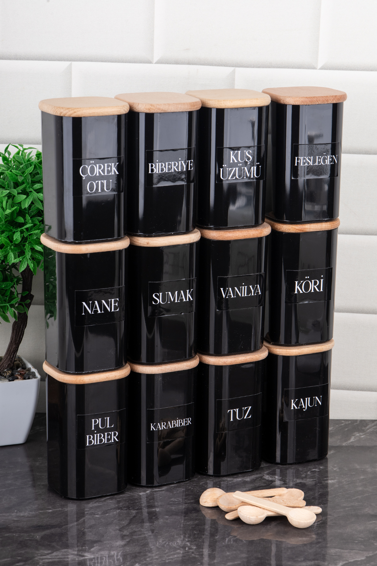 12 pcs 250 ml Vacuum Bamboo Wooden Lid Spoon Black Acrylic Spice Rack Set with Label Gift