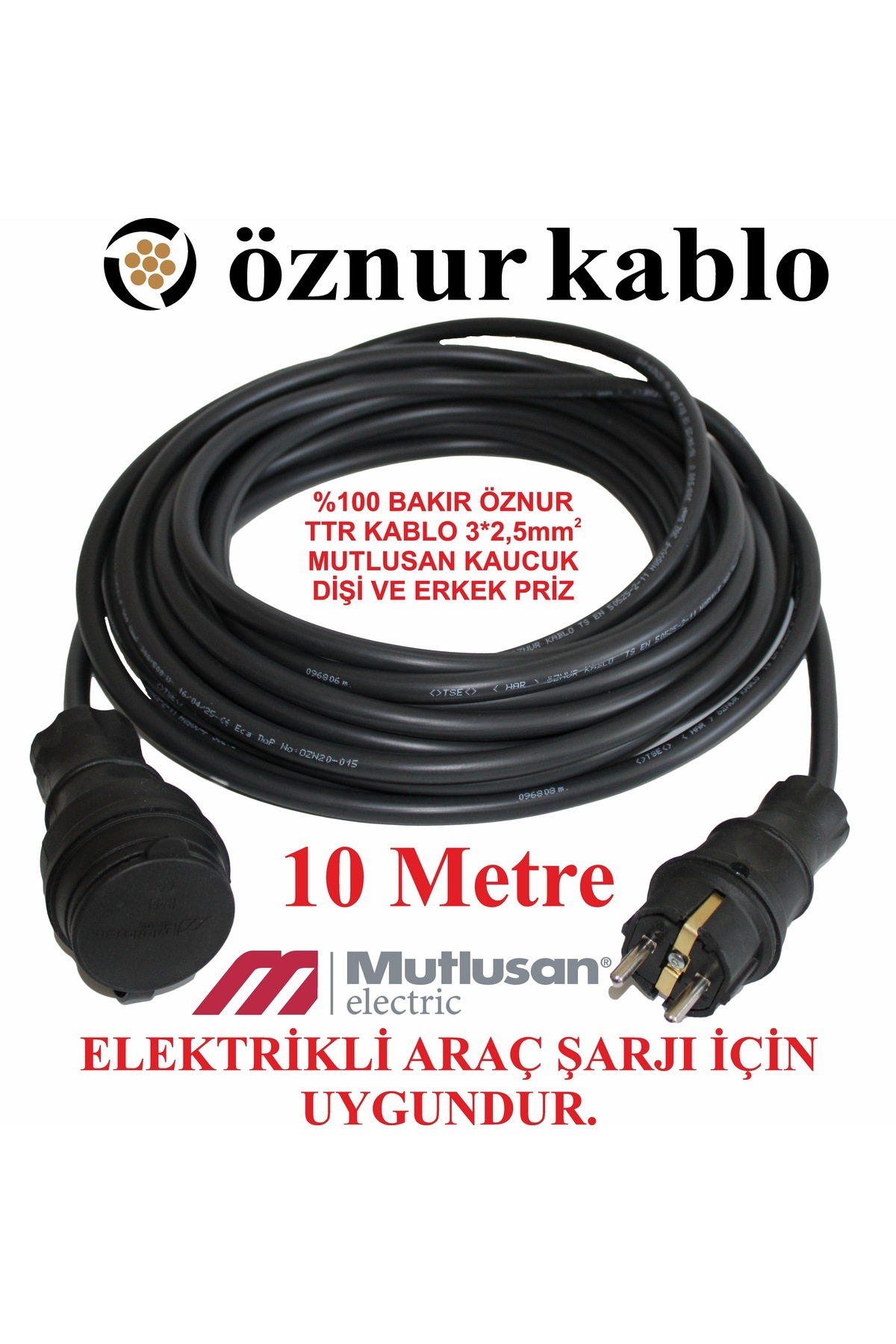 Mutlusan Evden Araç Şarj Uyumlu Kauçuk Fiş 10 Metre Öznur 3*2,5 Bakır Seyyar Kablo