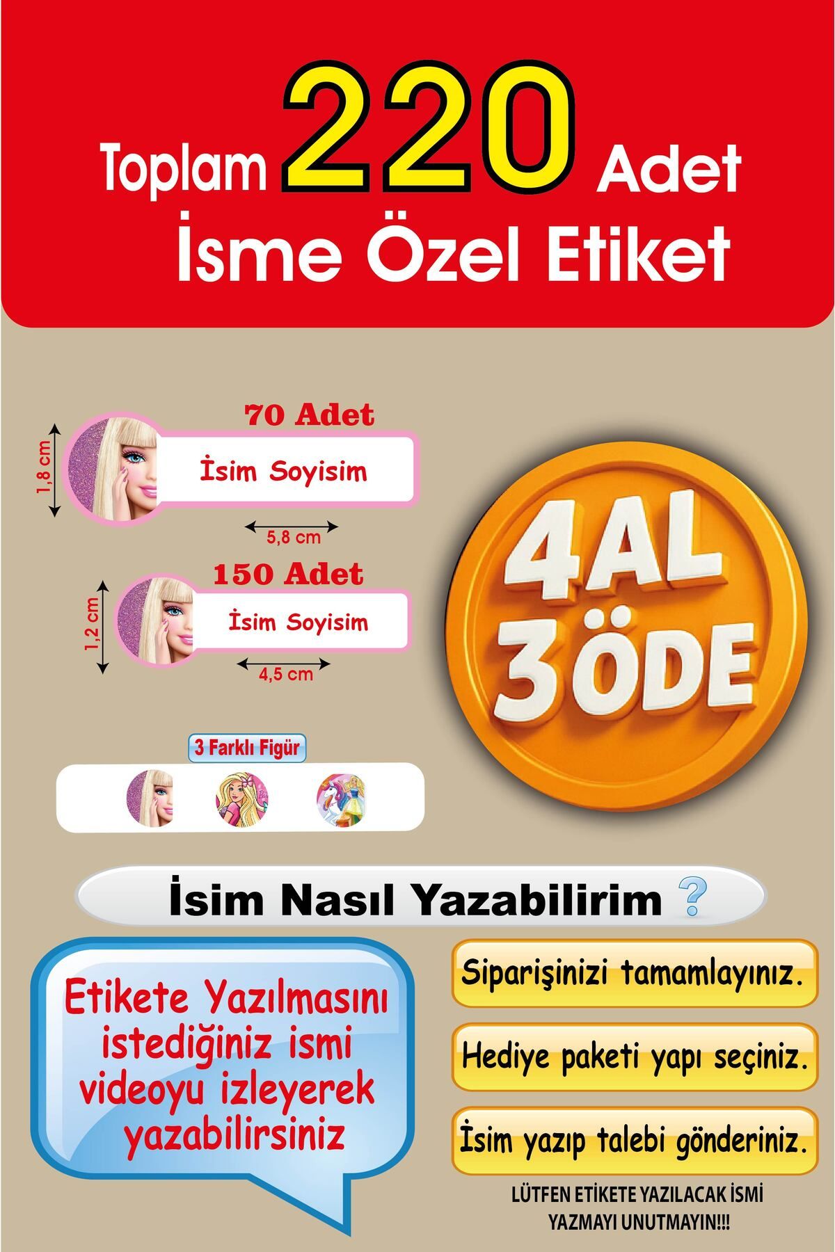 cabuk baskı-School Label Pen Notebook Label Custom Name Writable Label Barbie 220 Pieces 1