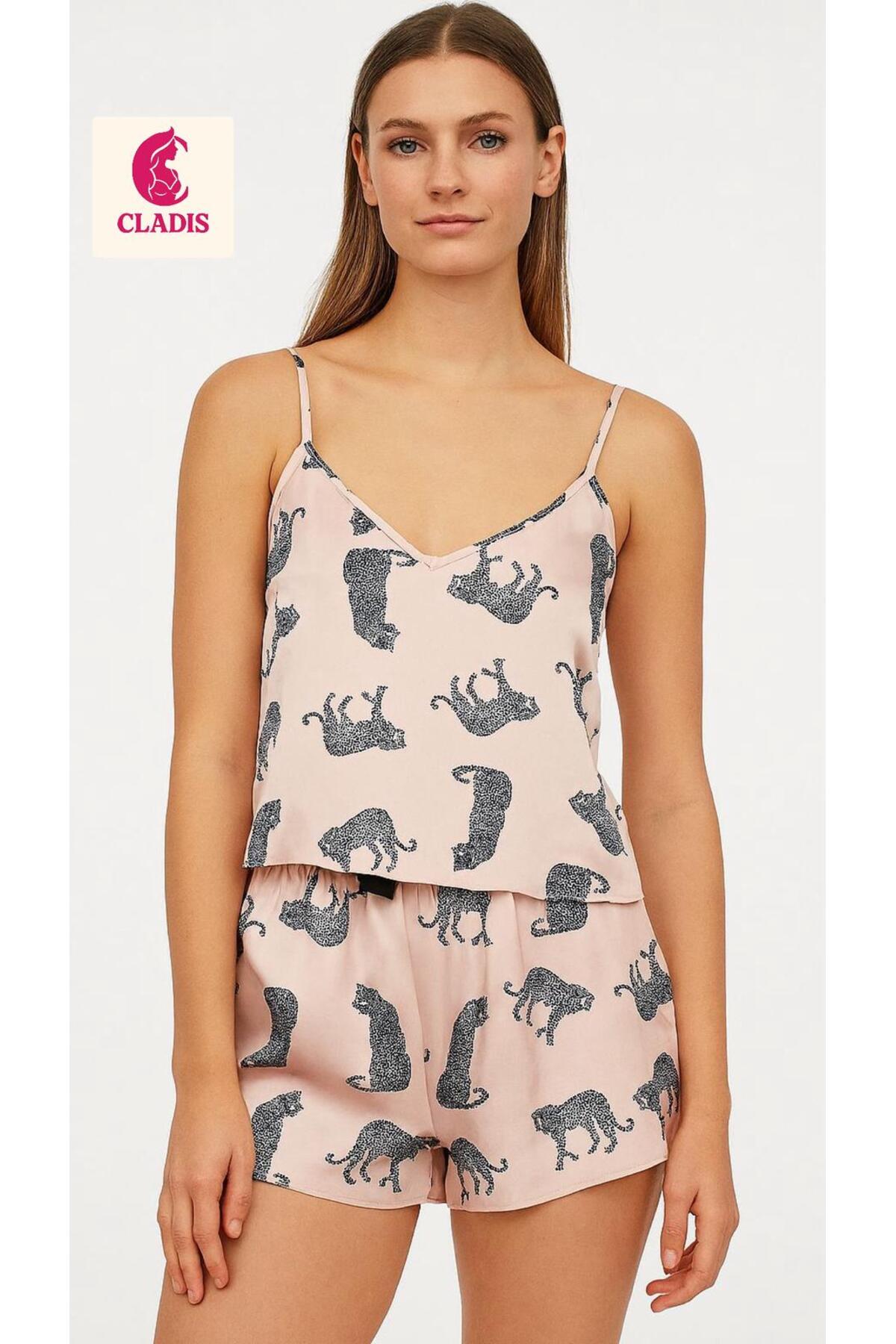 CLADİS Desenli Saten Şortlu Takım Şık Gecelik & Pijama takımı