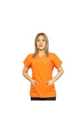 nutrix Turuncu Tek Üst Kadın Likralı Yarasa Kol Hemşire&doktor Forması Takımı...