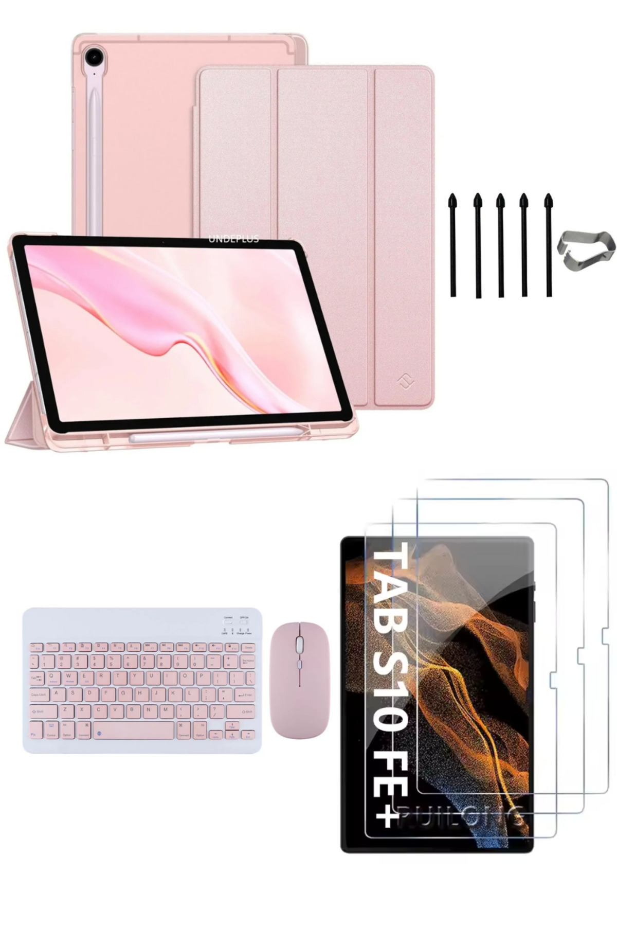 Samsung Galaxy Tab S10 FE+ Plus Flip Case+Keyboard Mouse+S Pen Replacement Tip+Screen Protector Rose