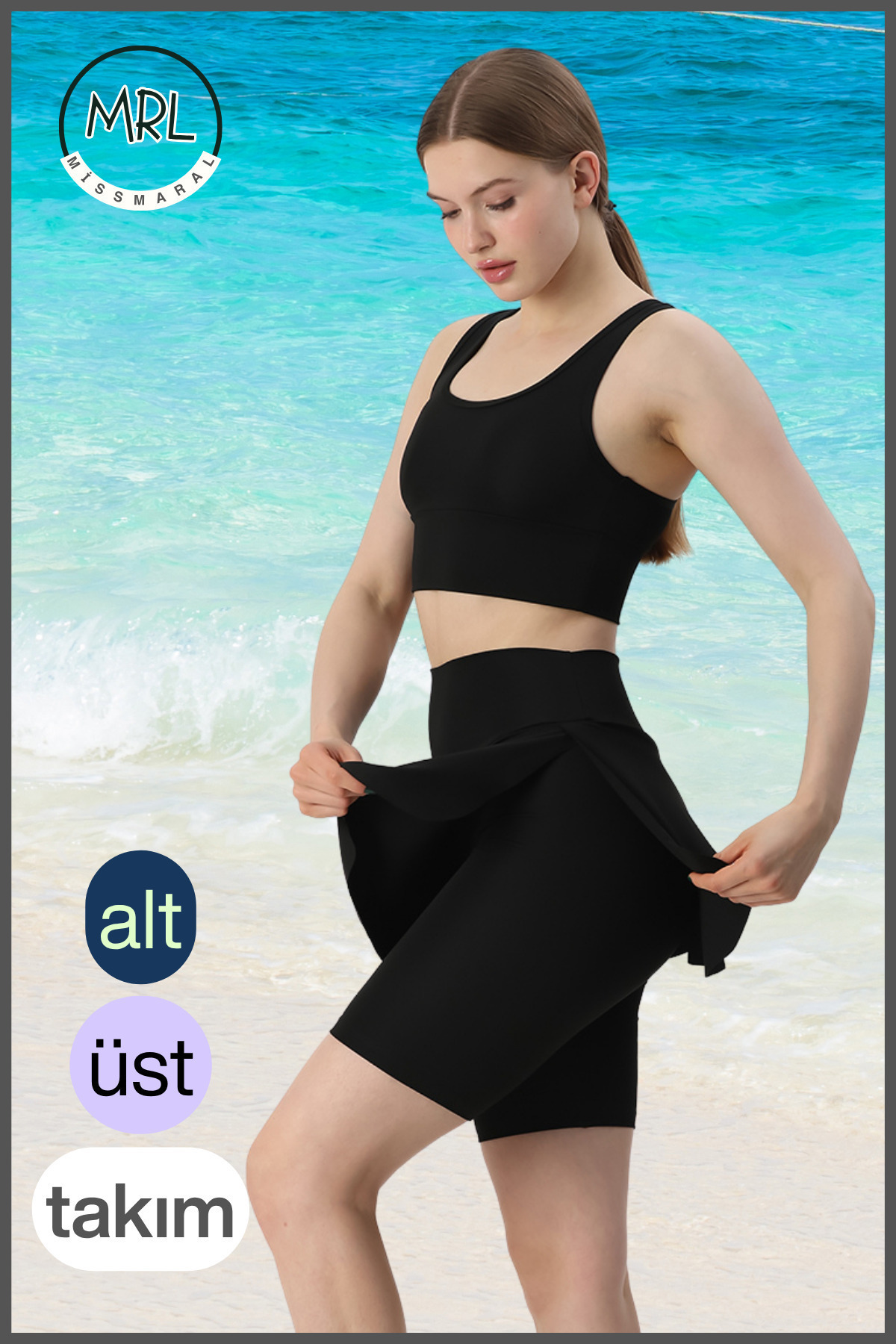 missmaral Kadın Siyah Takım Alt - Üst Biker Şort Diz Üstü &Crop Bra Ped Destekli Denizde Havuzda Sporda