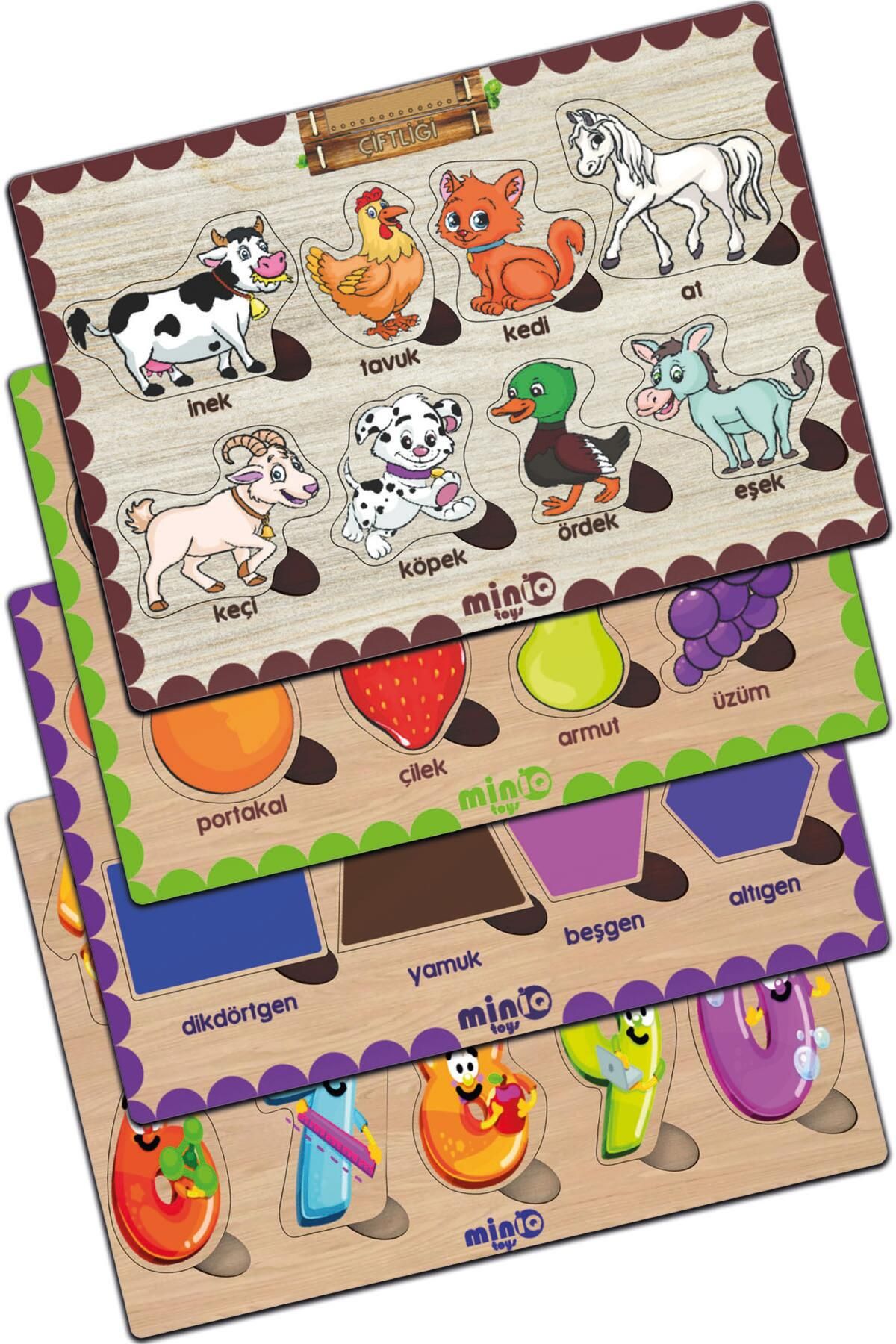 minİQ toys Ahşap Türkçe Ciftlik Hayv.+meyveler-sekiller-sayilar 4’lü Set Eğitici-öğretici Yapboz