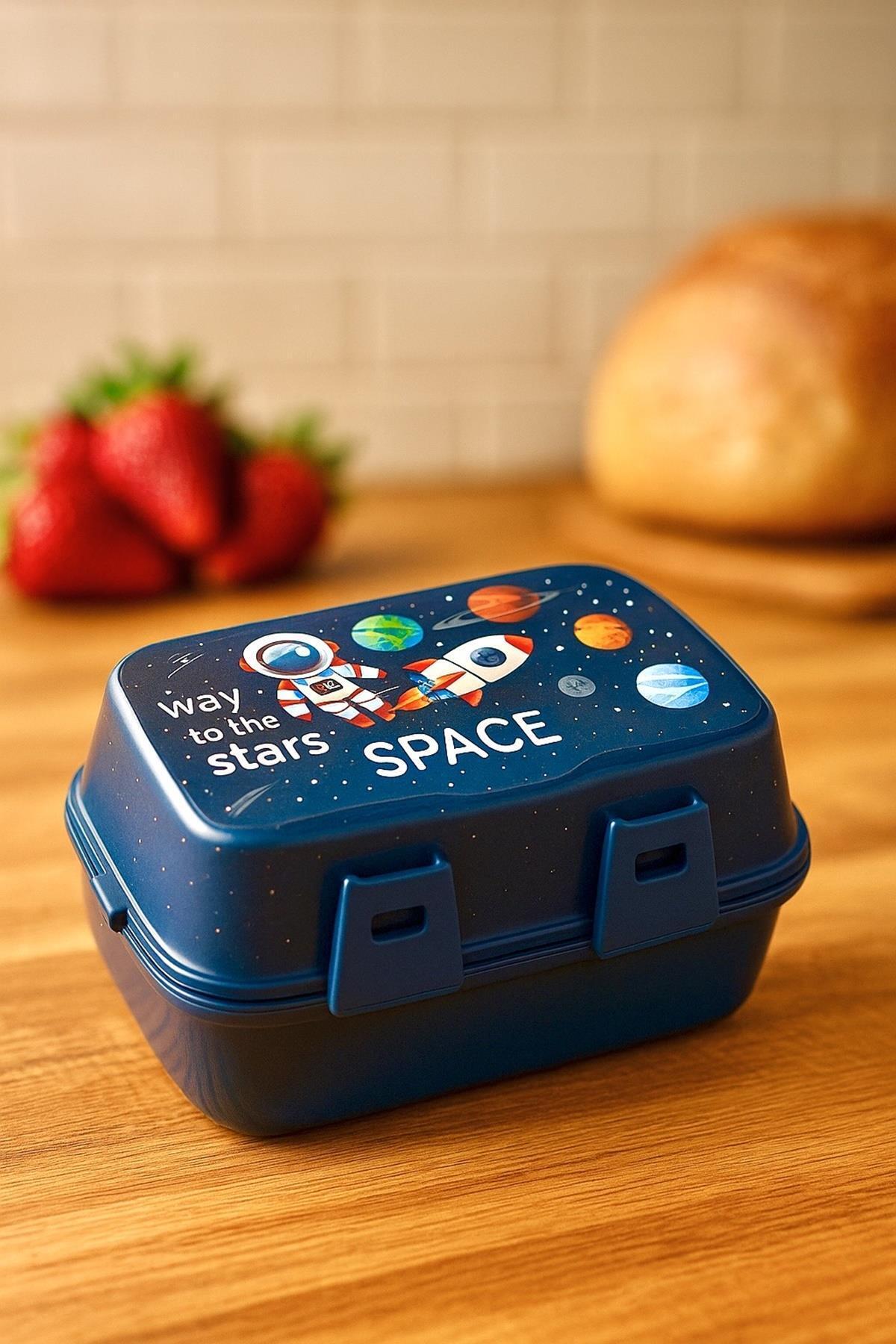 MasterCar Uzay Model Dikdörtgen Kendinden Kaşıklı 4 Bölmeli 2 Katlı Beslenme Kutusu Uzay