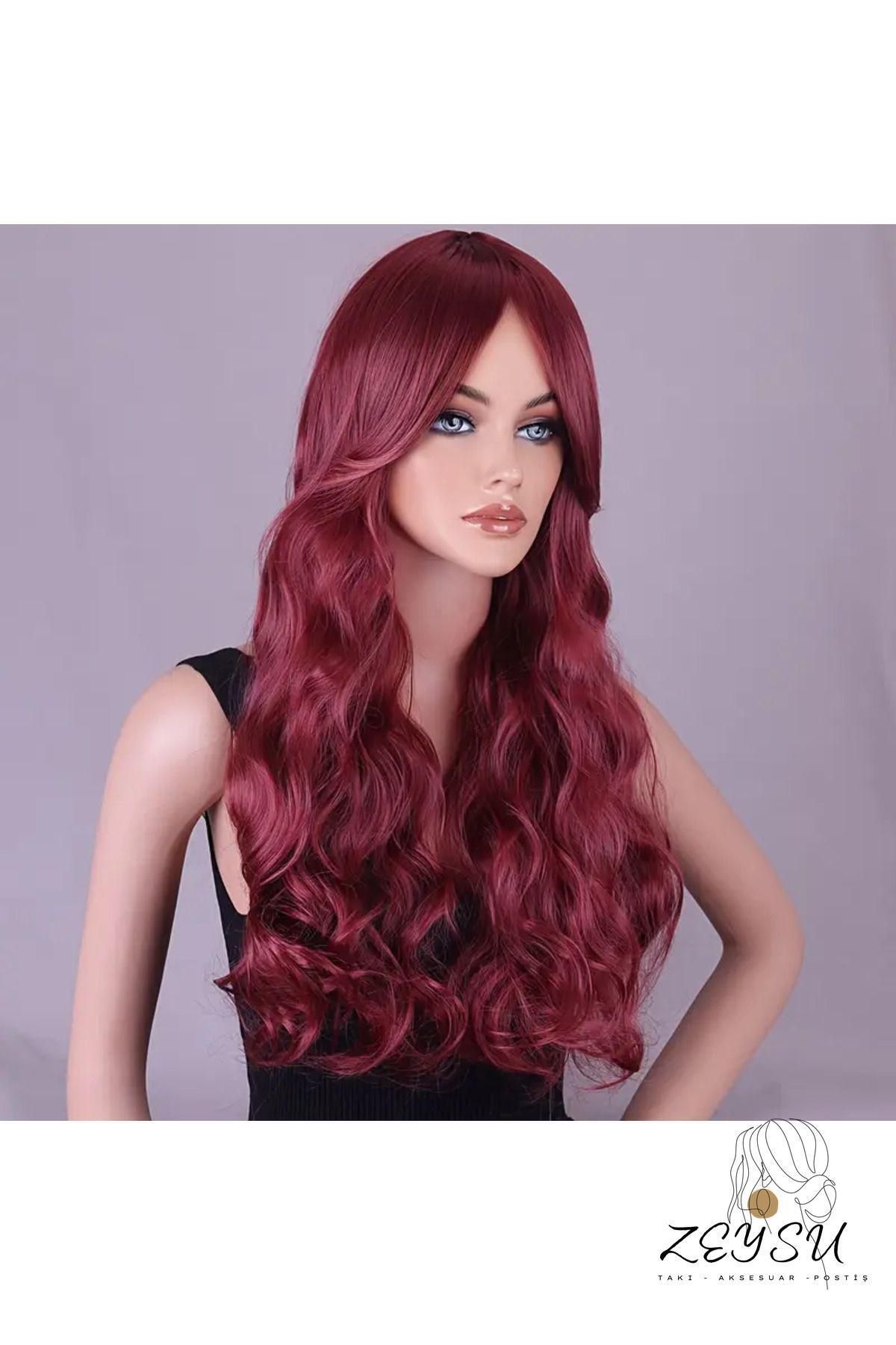 Zeysum-Wine Red Wavy Hair Snap Hairpiece Fake Hair 60 cm 120Gr Heat Resistant Half Moon 2