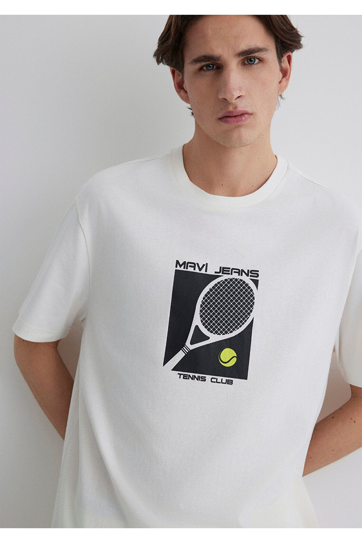 Mavi-Tennis Logo Printed Ecru T-Shirt Loose Fit / Loose Relaxed Cut 0612707-70057 4