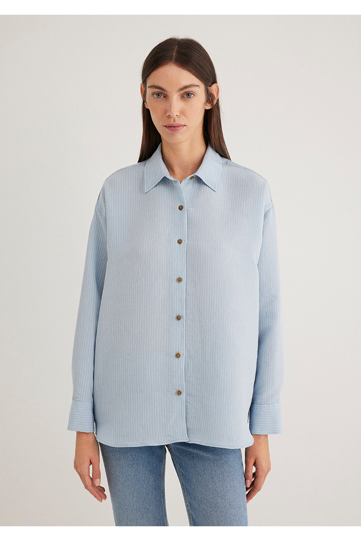 まる Mavi Lux Touch TENCEL TM Çizgili Modal Gömlek Oversize / Geniş