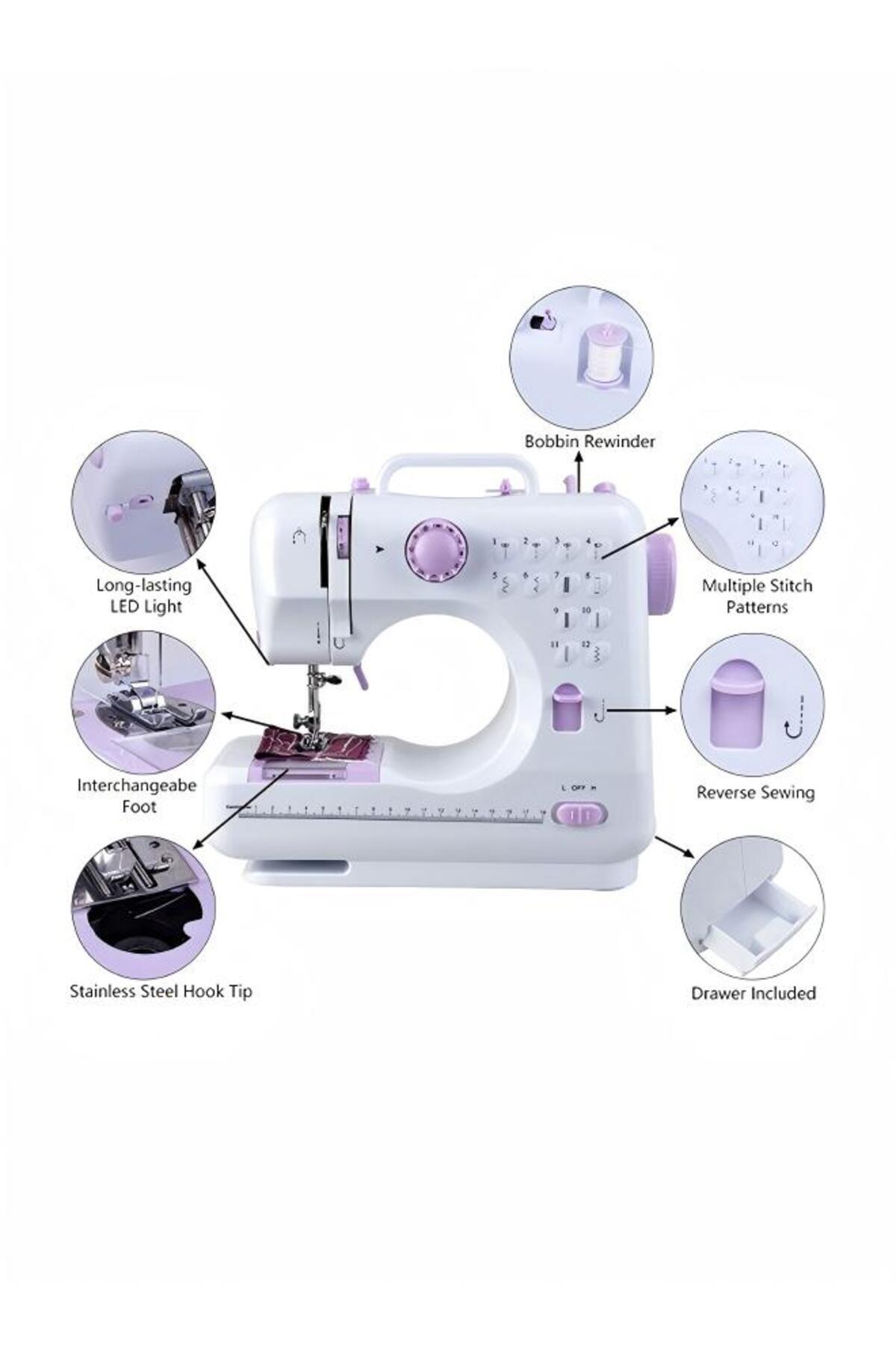 ماكينة خياطة صغيرة متعددة الوظائف 12 غرزة FHSM-505 باللون الأبيض