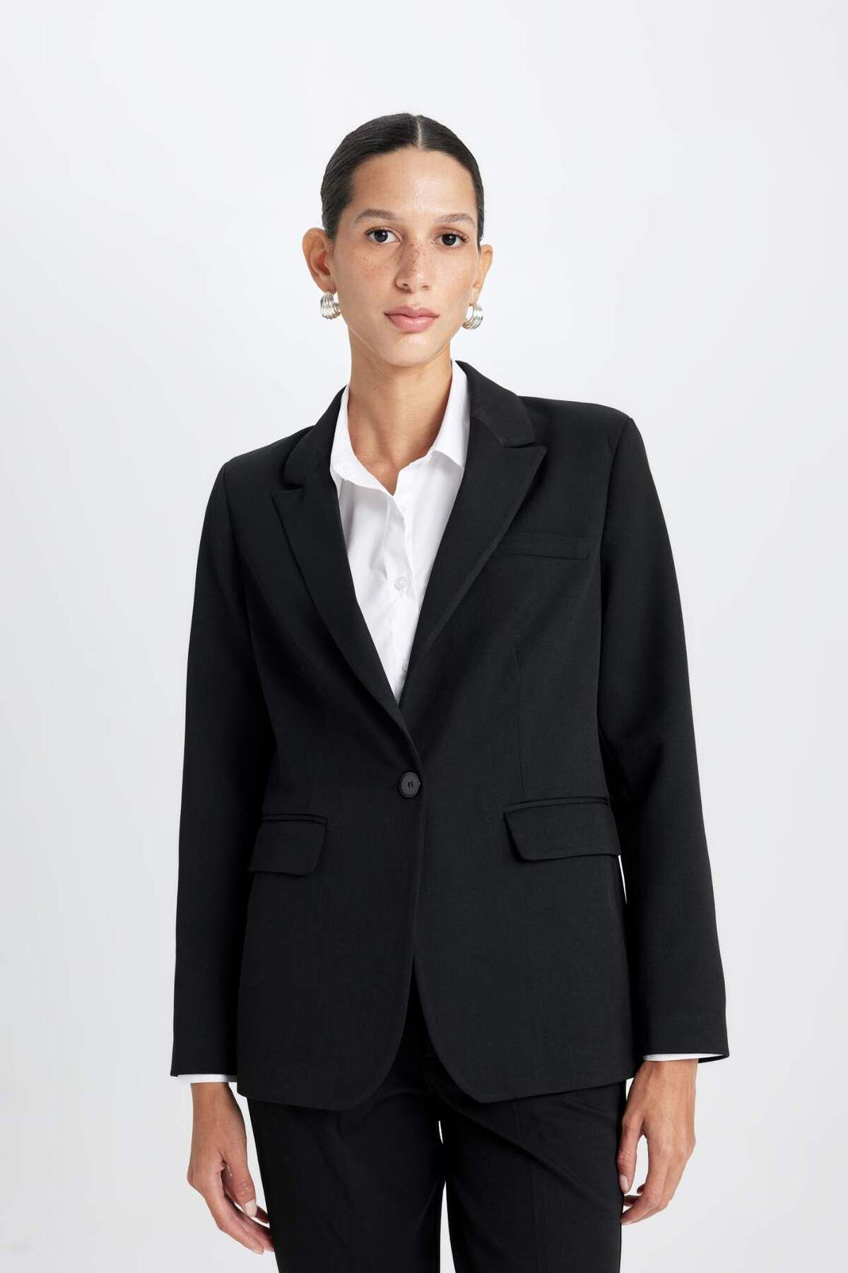 DeFacto-Fitted Jacket Collar Button Basic Plain Blazer Jacket D3157Ax24Wn 4