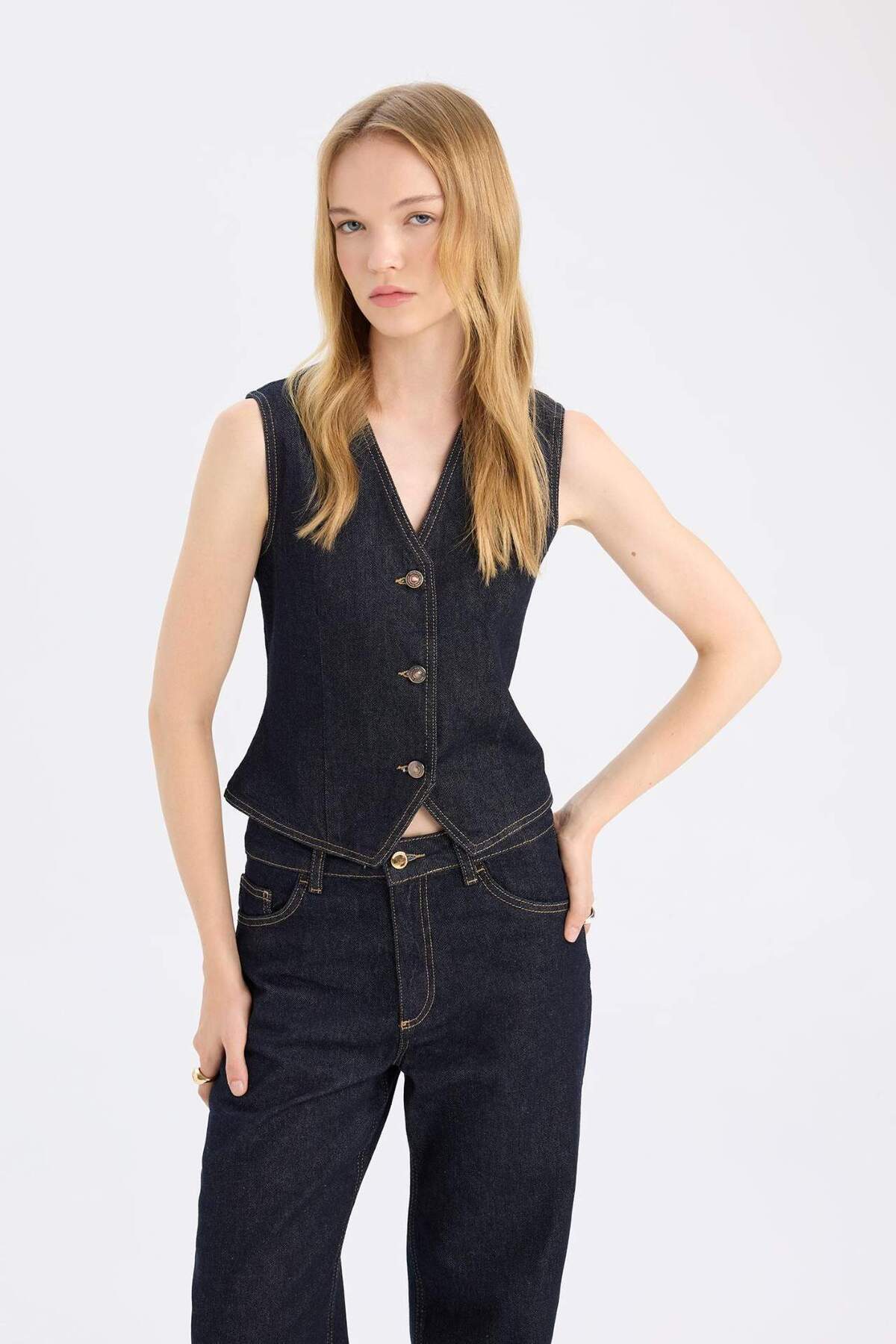 DeFacto-Buttoned Blazer Jean Vest D5820Ax24Wn 3