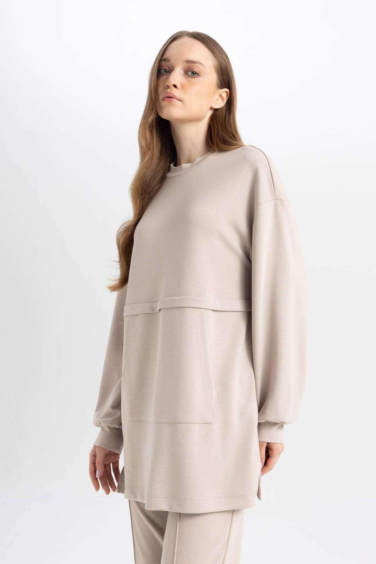 DeFacto-Regular Fit Crew Neck Kangaroo Pocket Basic Plain Sweatshirt Tunic B0039Ax24Au 4