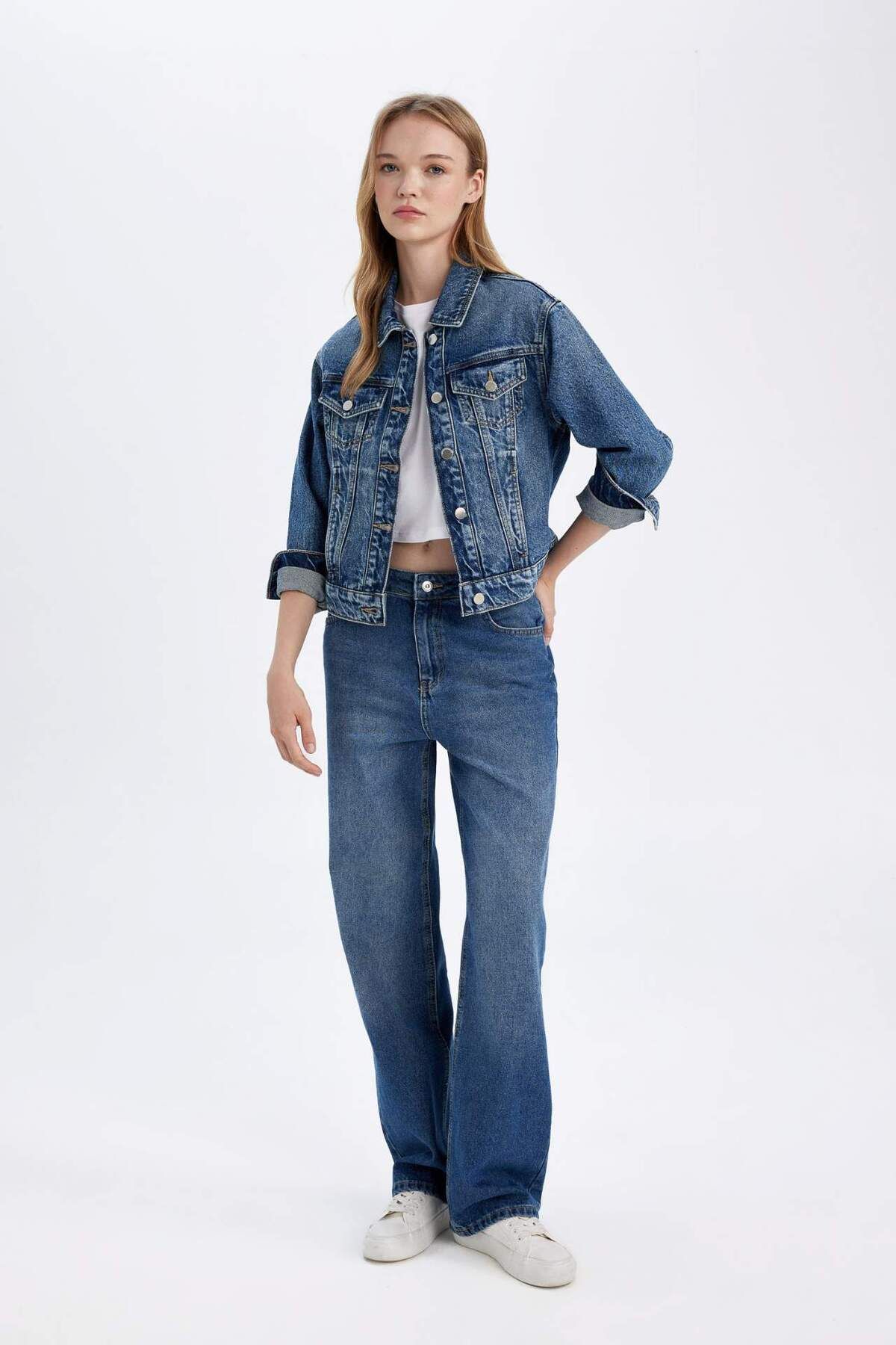 DeFacto-Regular Fit Button Washed Jean Jacket D4172Ax24Wn 4