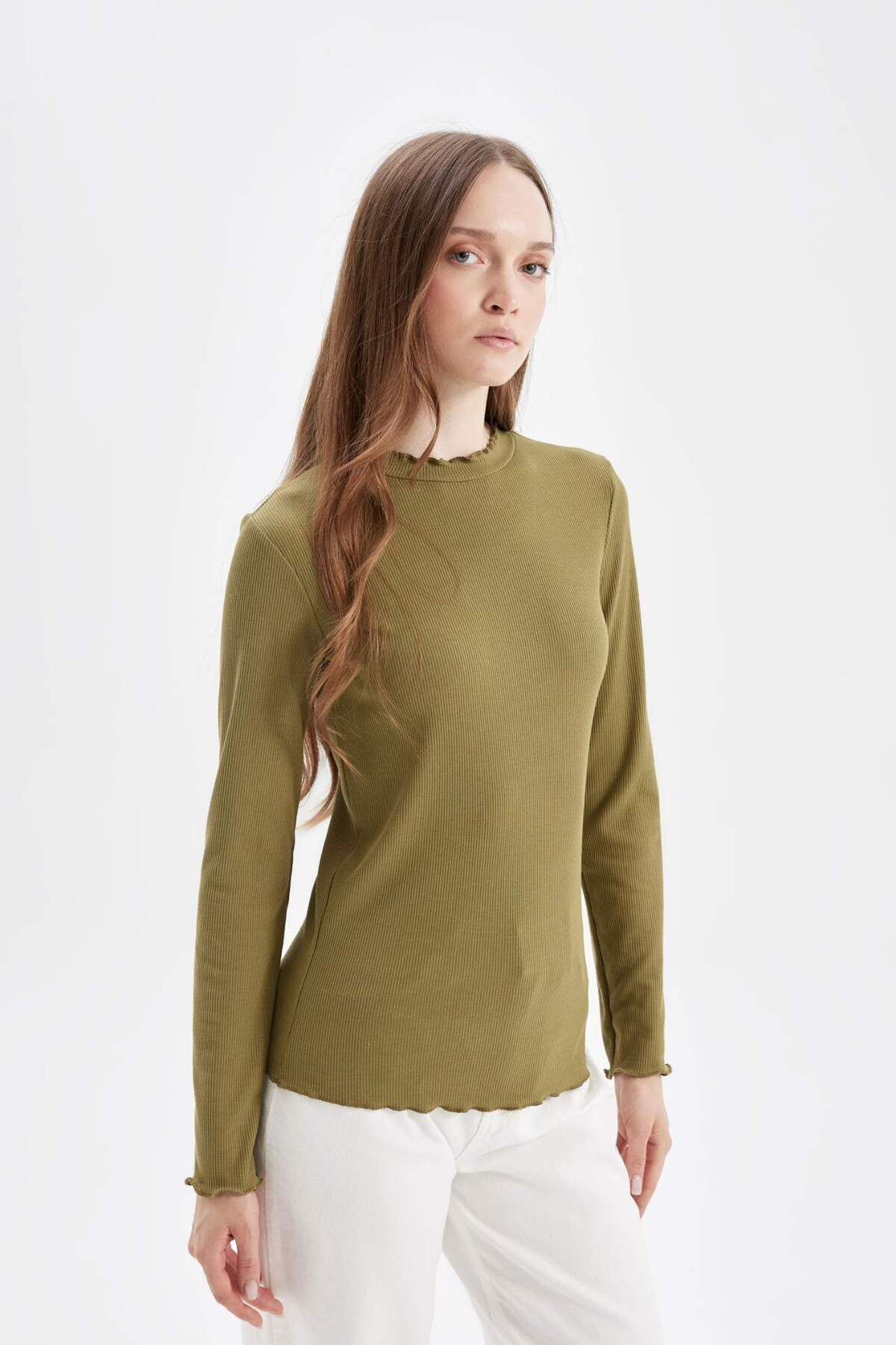 DeFacto-Half Turtleneck Ribbed Camisole Basic Plain Long Sleeve T-Shirt B2389Ax24Au 4