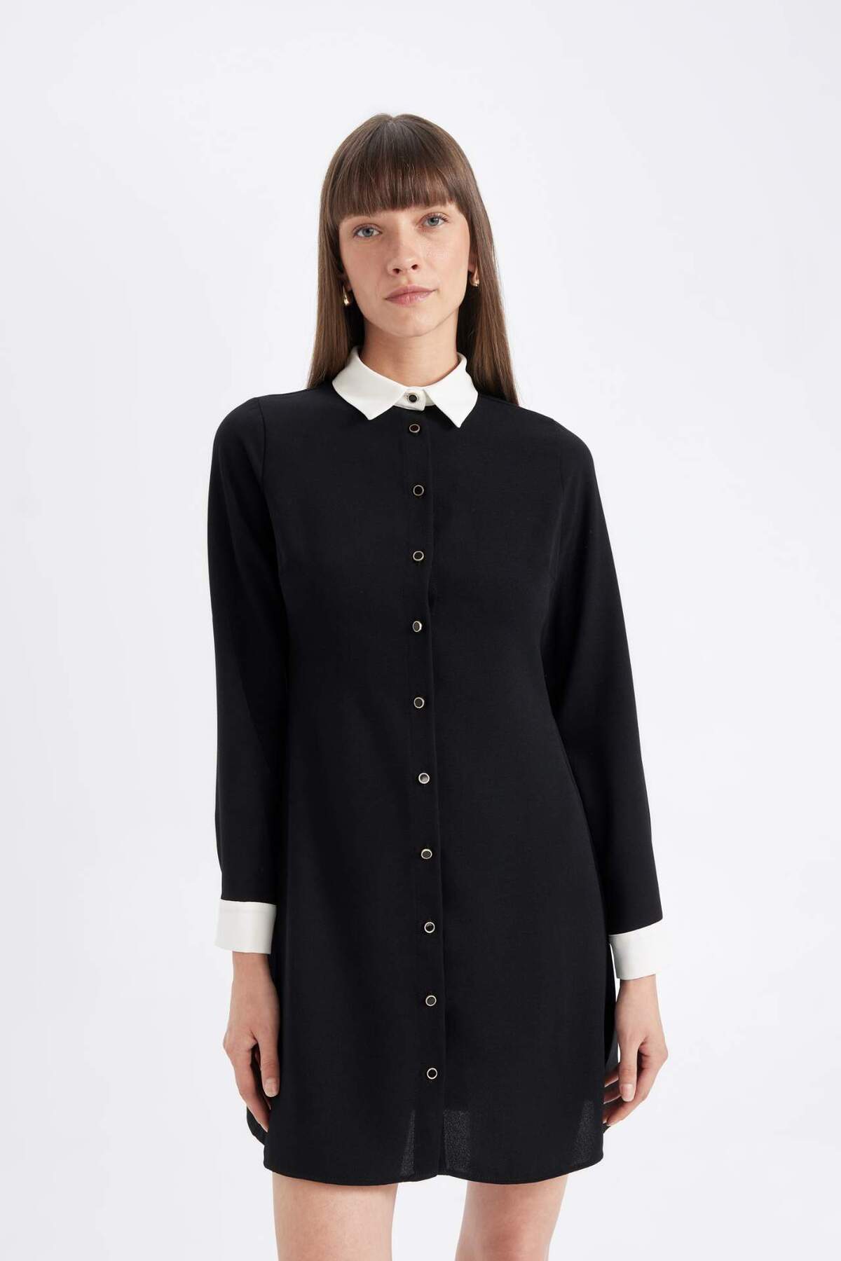 DeFacto-Hemdkragen Basic Unifarben Mit Knöpfen Crepe Langarm Mini Schwarzes Kleid D2874AX24AU 5
