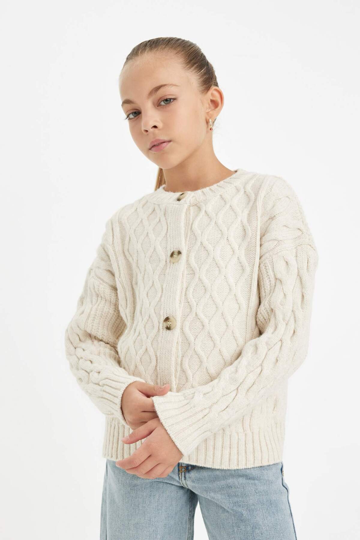 DeFacto-Dievčenský pletený sveter Crew Neck Cardigan C6937A824AU 1