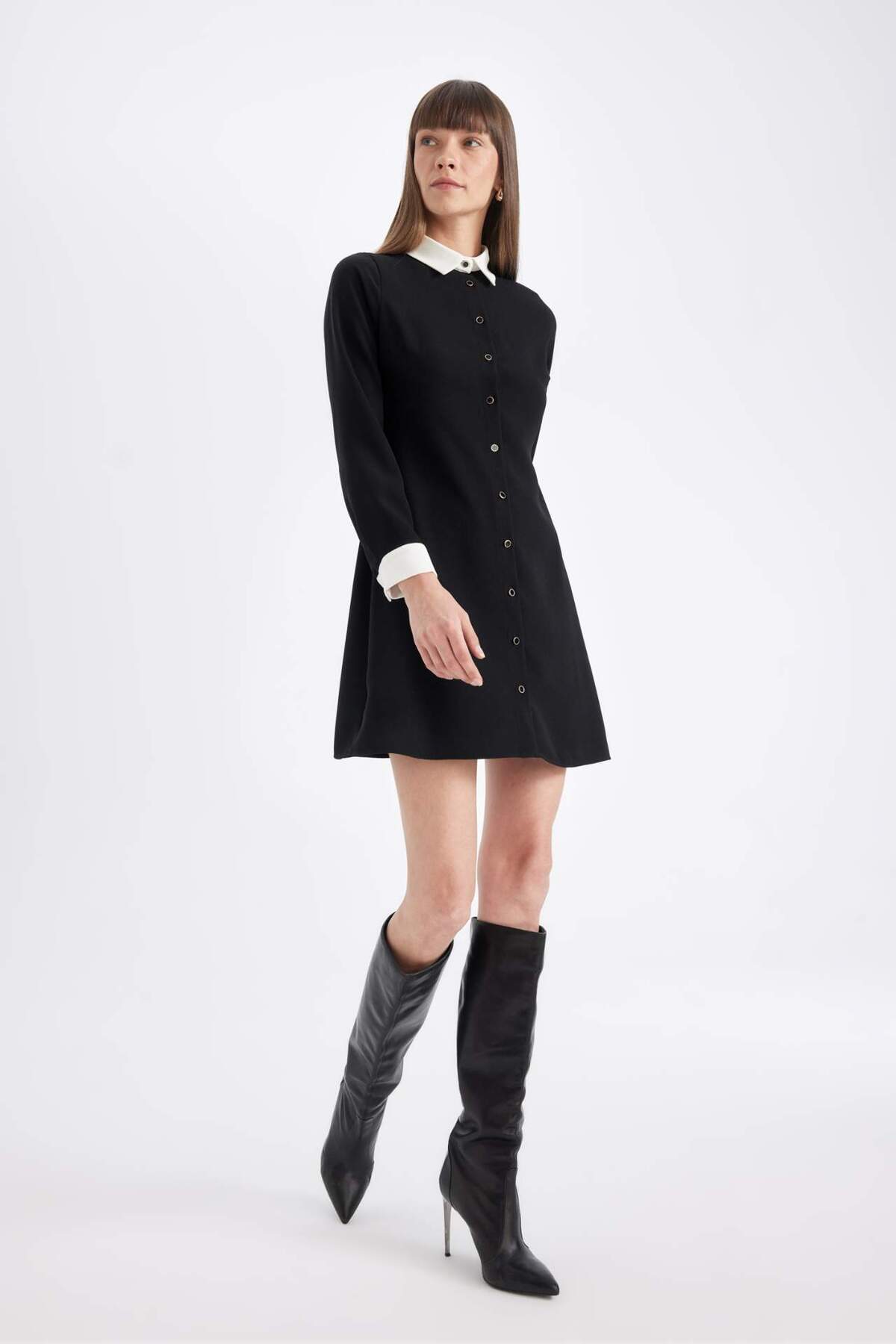 DeFacto-Hemdkragen Basic Unifarben Mit Knöpfen Crepe Langarm Mini Schwarzes Kleid D2874AX24AU 3