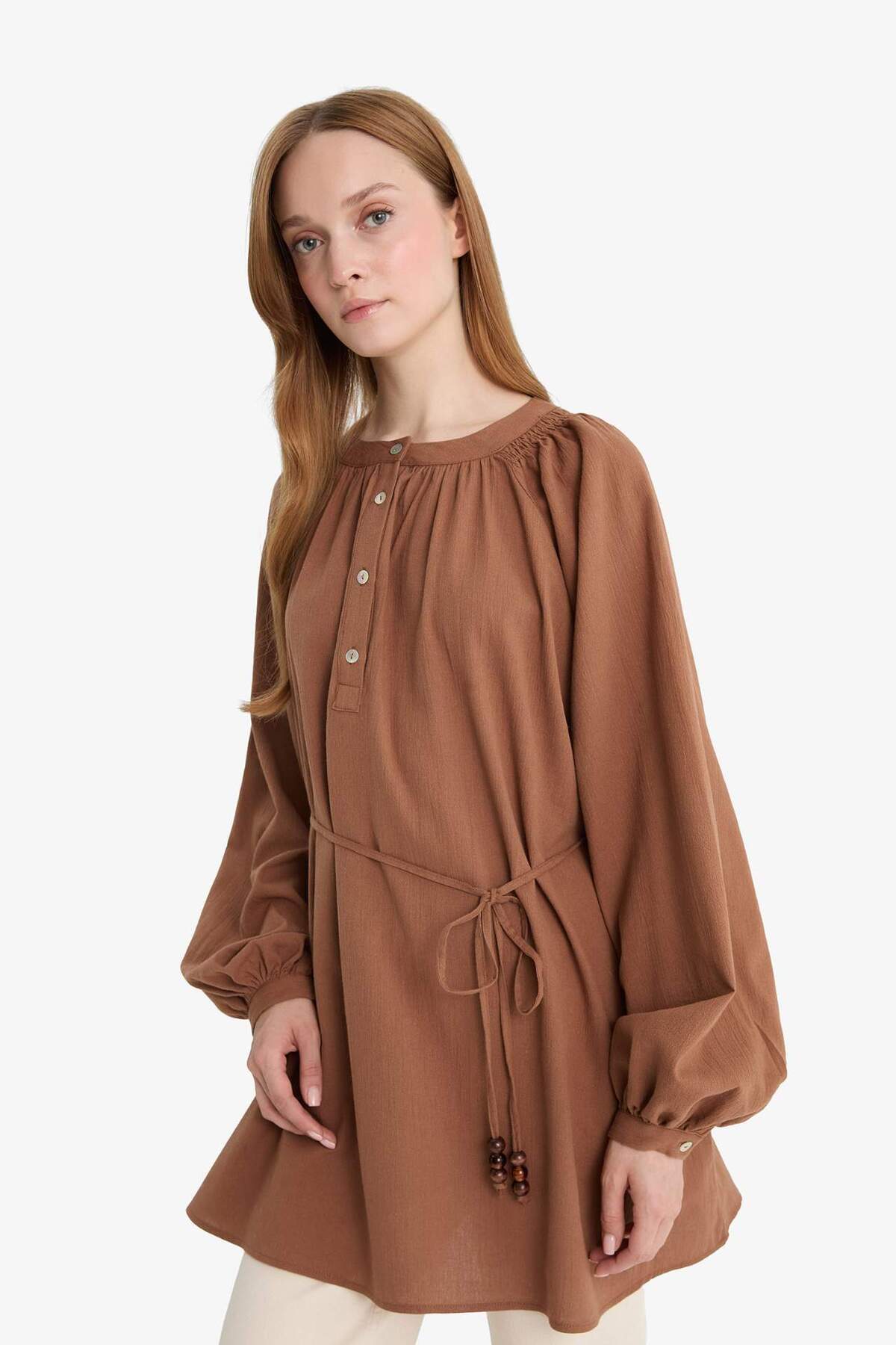 DeFacto-Manuka X Muslin Basic Plain Lace-Up Long Sleeve Tunic D4396Ax24Hs 4