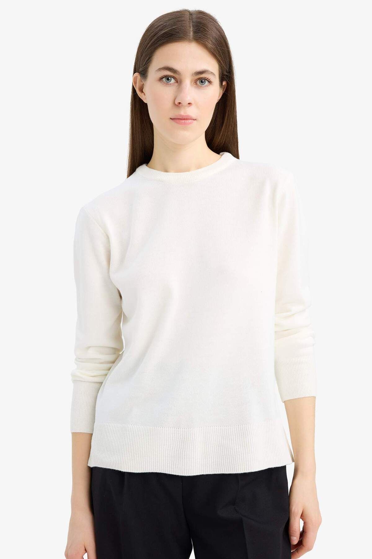 DeFacto-Regular Fit Soft Textured Crew Neck Basic Plain Knitwear Sweater C0058Ax24Wn 3