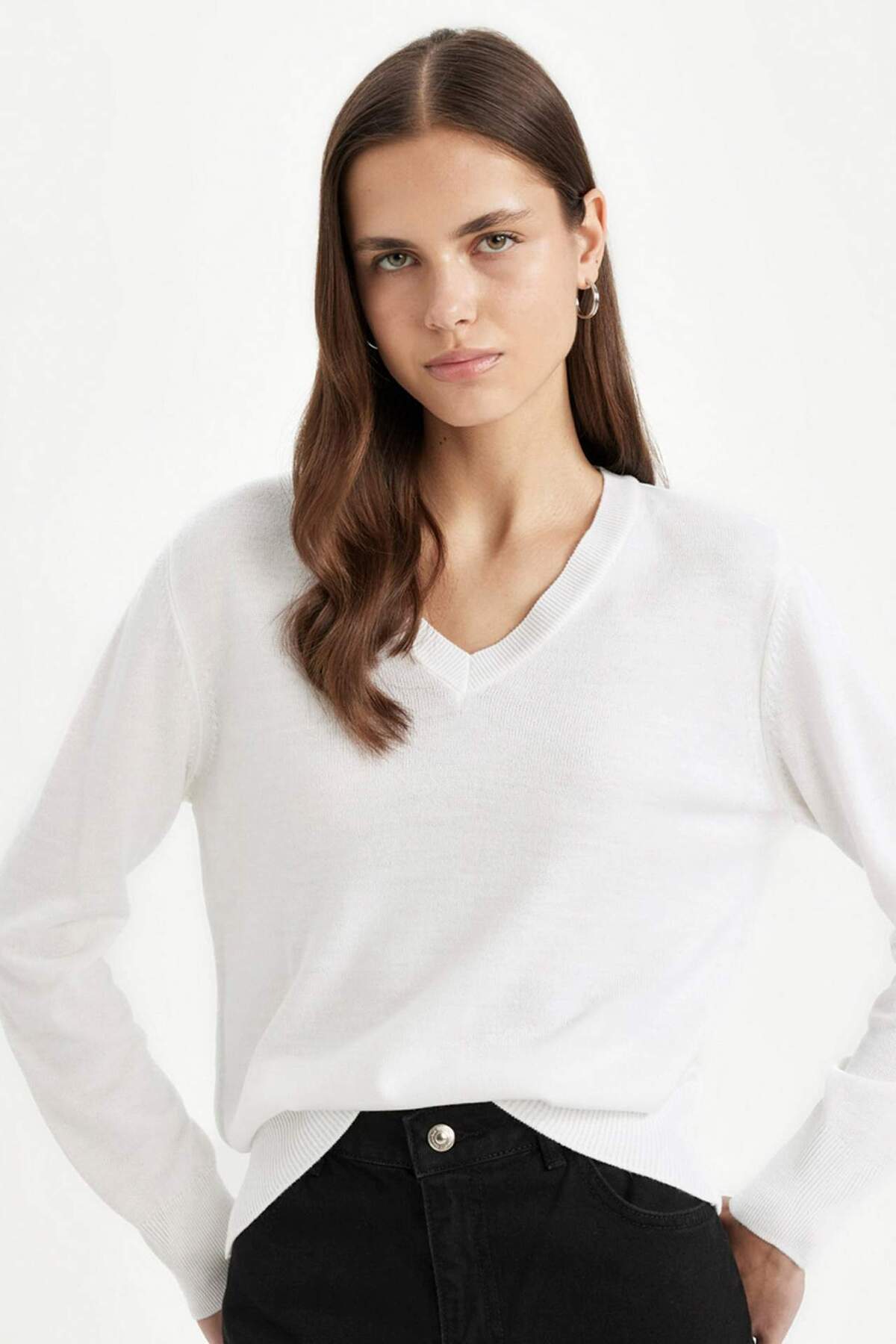 DeFacto-Relaxed Fit Weicher Strukturierter V-Ausschnitt Basic Schlichter Strickpullover C4024AX24WN 1